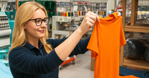 A woman in a navy uniform inspects an orange T-shirt in an embroidery production workshop, with Tajima embroidery machines and colourful thread spools in the background.