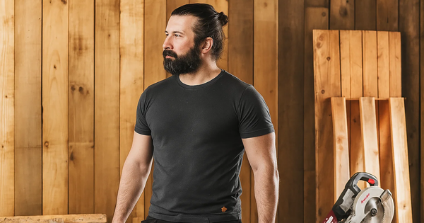 Man wearing a fitted black work t-shirt holding a power drill, standing in a rustic wooden workshop setting; showcases professional workwear suitable for tradespeople.