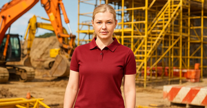 Woman wearing burgundy polo workwear shirt on a construction site, ideal for embroidery and branded uniforms.