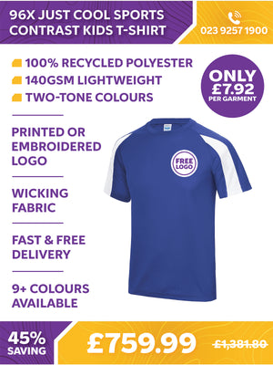 96 x Just Cool Sports Contrast Kids Wicking T-Shirts