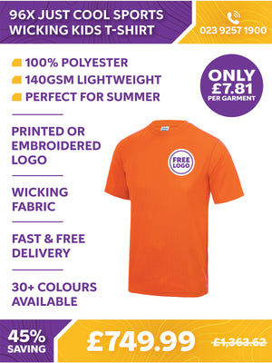 96 x Just Cool Sports Wicking Kids T-Shirts