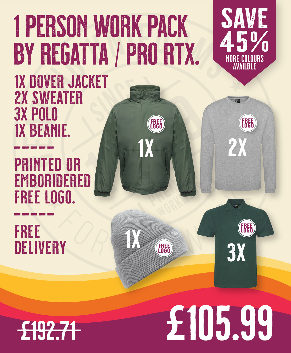 1 Person Work Pack by Regatta / Pro RTX in by Print Lab Deals — Custom branded clothing by Print Press, featuring premium embroidery produced in our specialist print lab in the UK.