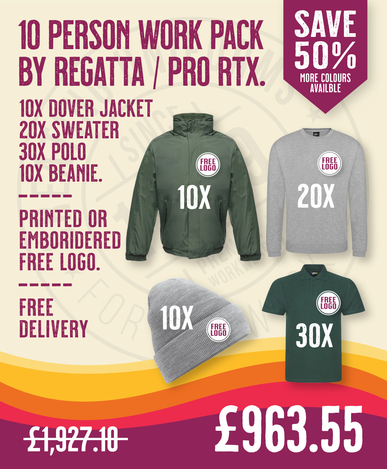 10 Person Work Pack by Regatta / Pro RTX in by Print Lab Deals — Custom branded clothing by Print Press, featuring premium embroidery produced in our specialist print lab in the UK.