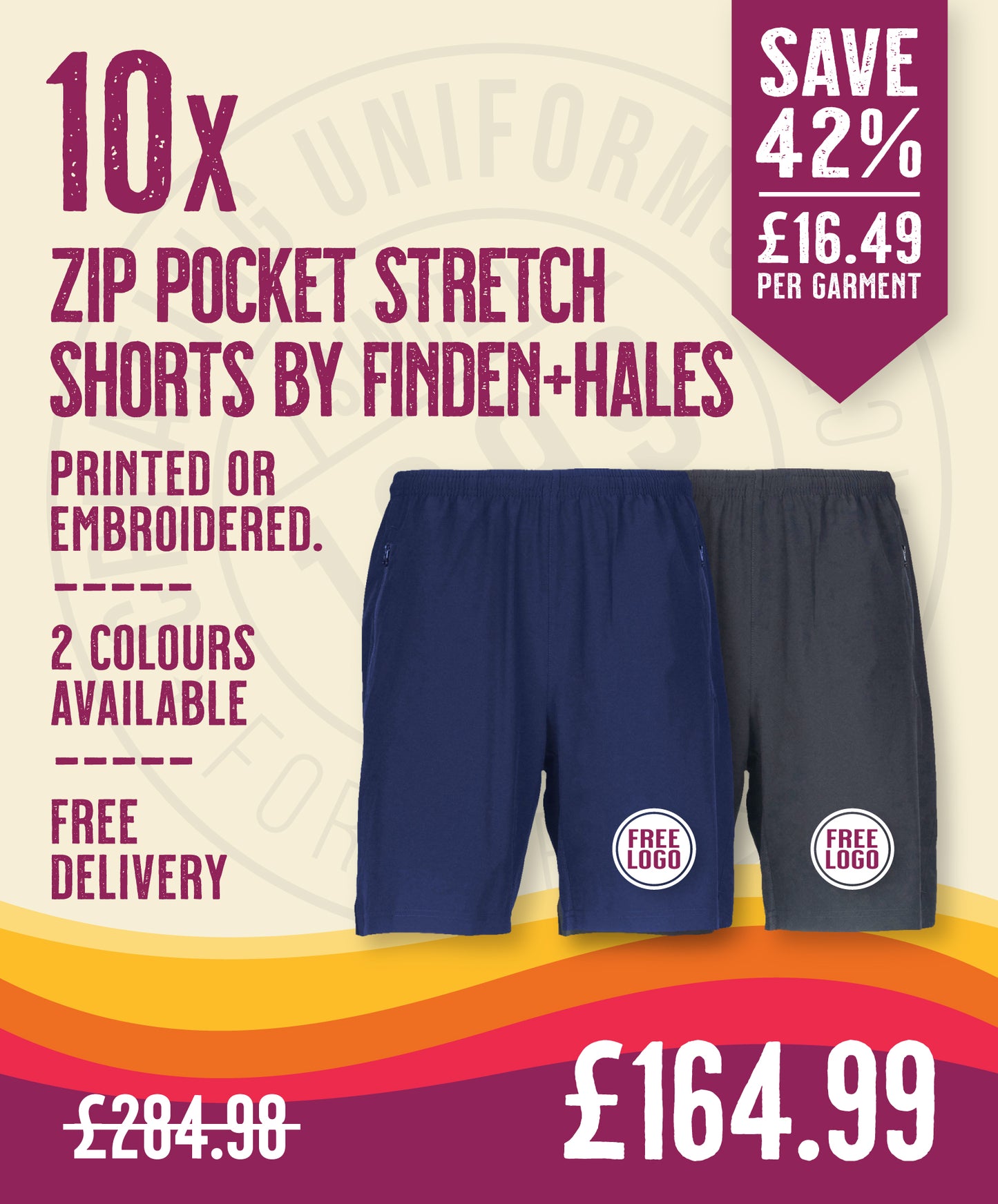 10 x Zip Pocket Stretch Shorts by Finden + Hales in Navy by Print Lab Deals — Custom branded clothing by Print Press, featuring premium embroidery produced in our specialist print lab in the UK.