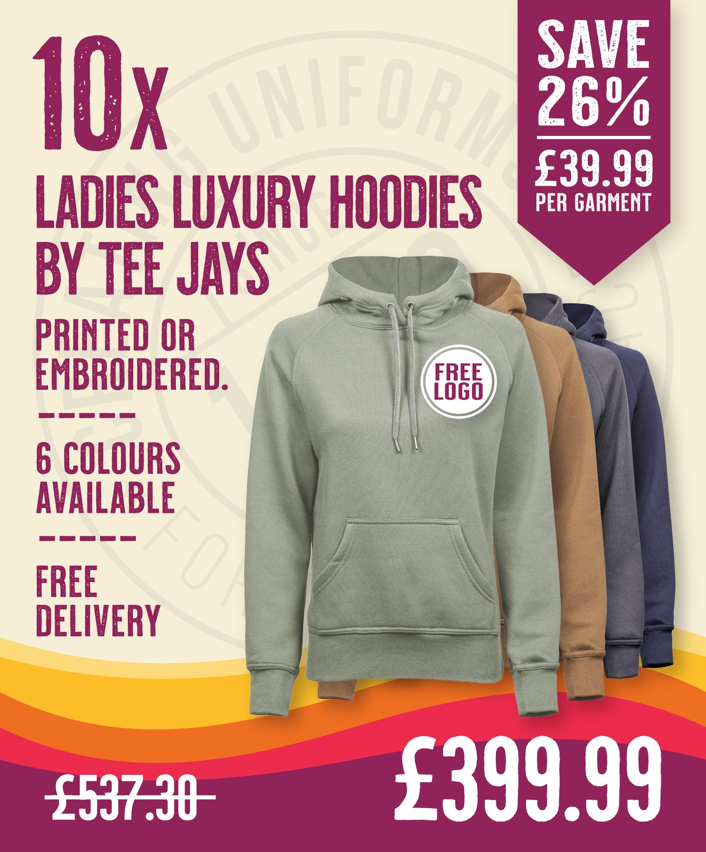 10 x Ladies Luxury Hooded Sweatshirts by Tee Jays in Sage by Print Lab Deals — Custom branded clothing by Print Press, featuring premium embroidery produced in our specialist print lab in the UK.