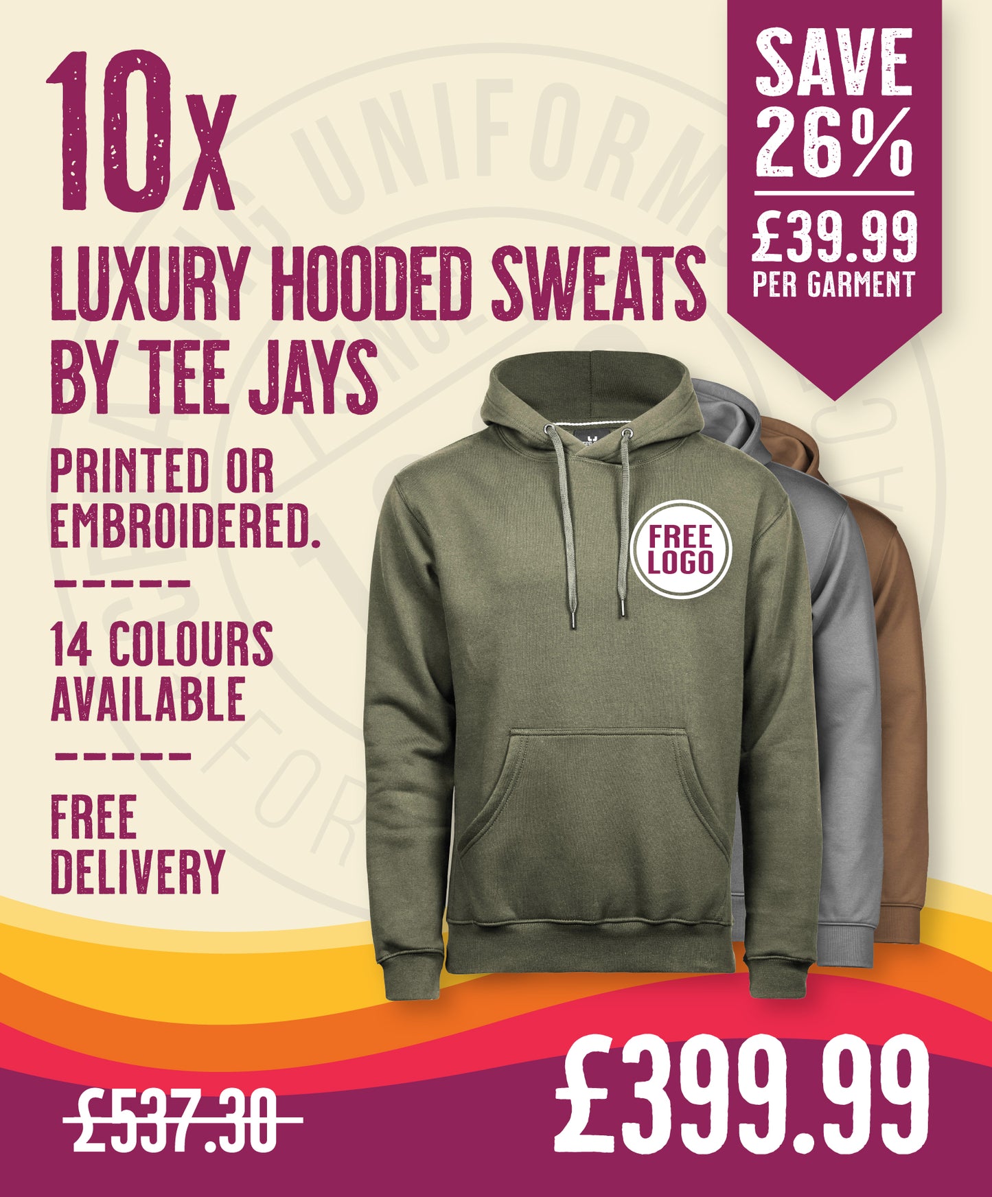 10 x Luxury Hooded Sweatshirts by Tee Jays in Deep Green by Print Lab Deals — Custom branded clothing by Print Press, featuring premium embroidery produced in our specialist print lab in the UK.