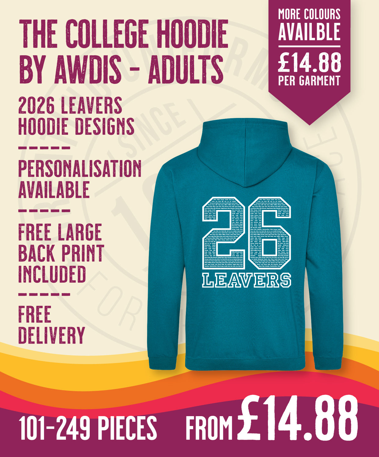 College Hoodie - Adult Size - 101-249 Pieces in by printlab.clothing — Custom branded clothing by Print Press, featuring premium embroidery produced in our specialist print lab in the UK.