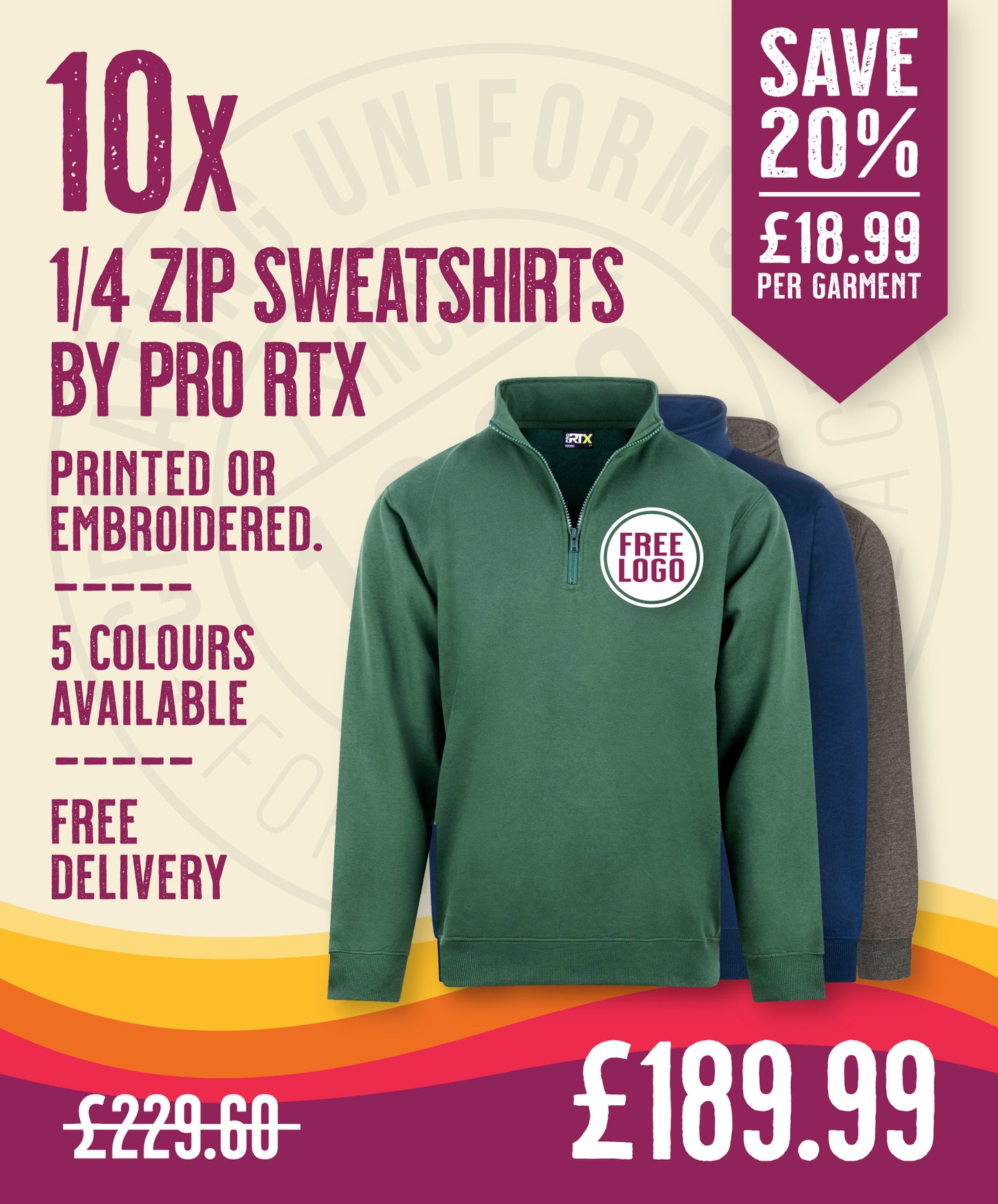 10 x 1/4 Zip Sweatshirts by Pro RTX in Bottle Green by Print Lab Deals — Custom branded clothing by Print Press, featuring premium embroidery produced in our specialist print lab in the UK.