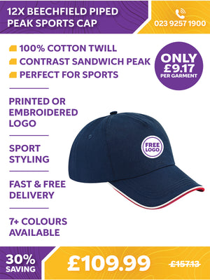 12 x Beechfield Piped Peak Sports Cap