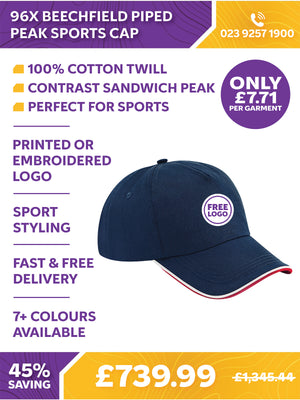 96 x Beechfield Piped Peak Sports Cap