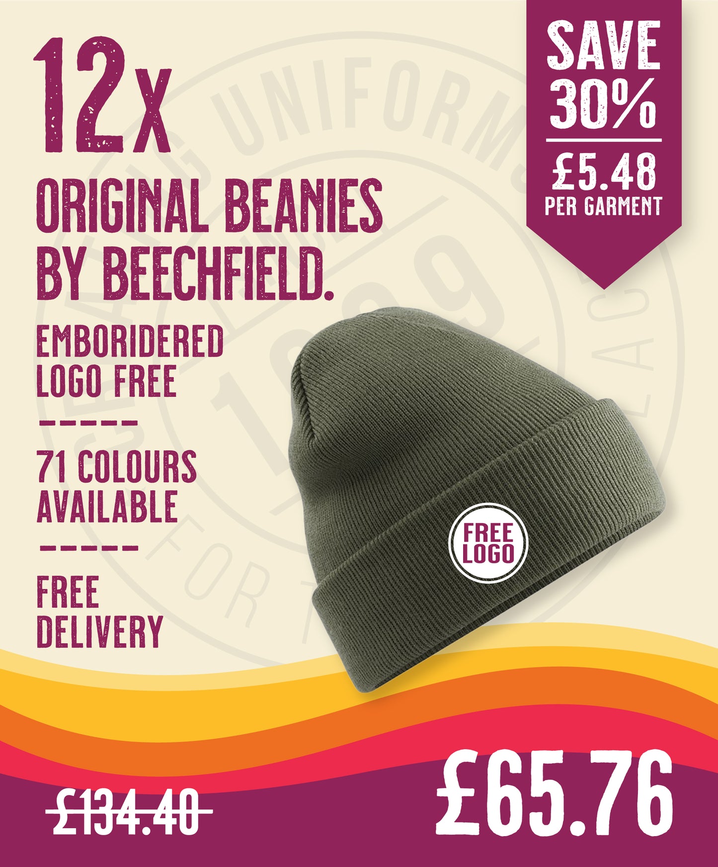 12 x Original Beanies by Beechfield in Olive by Print Lab Deals — Custom branded clothing by Print Press, featuring premium embroidery produced in our specialist print lab in the UK.