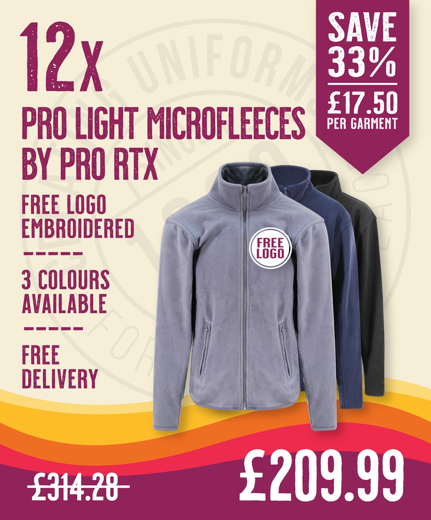 12 x Pro Light Microfleeces by Pro RTX in Solid Grey by Print Lab Deals — Custom branded clothing by Print Press, featuring premium embroidery produced in our specialist print lab in the UK.