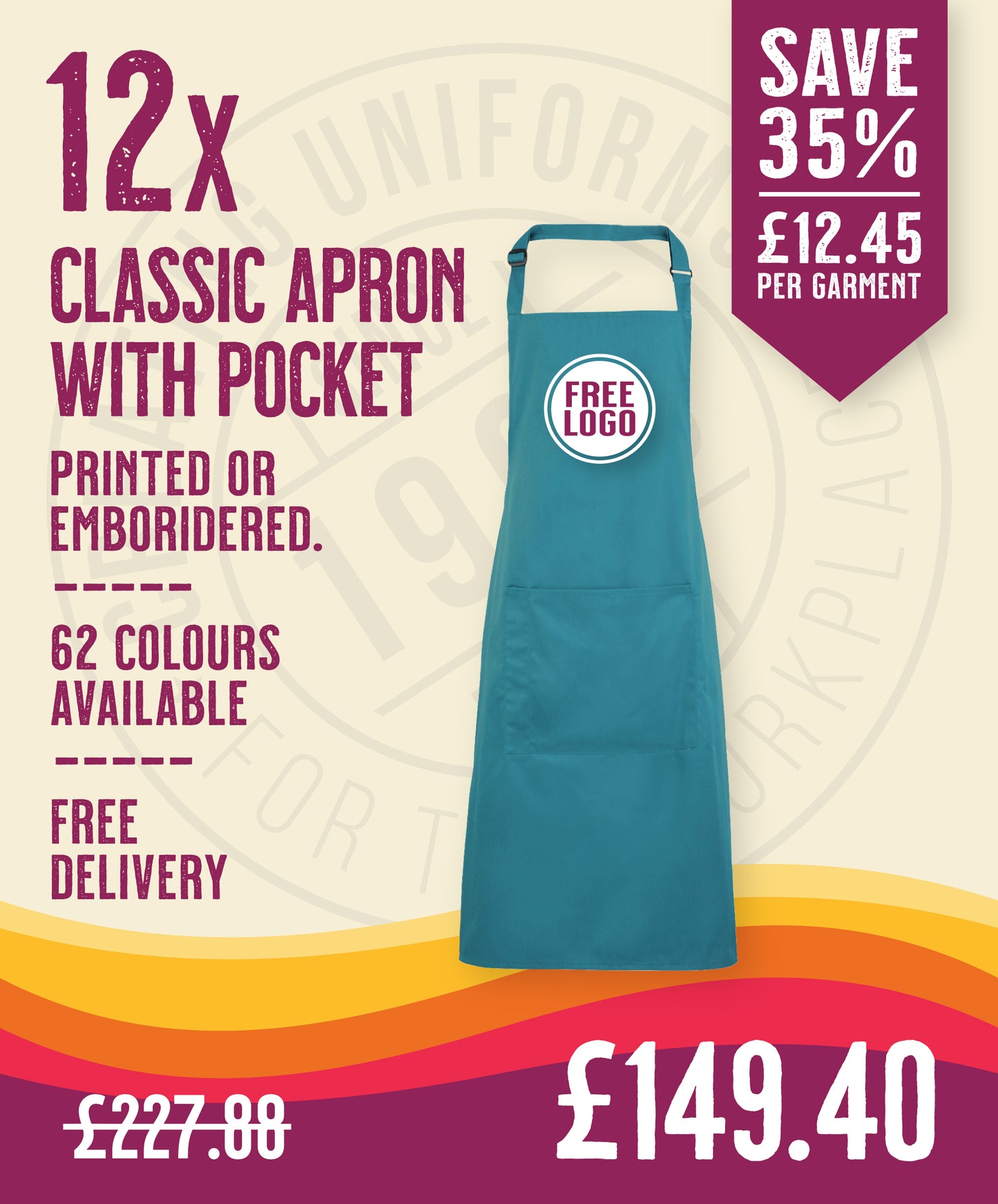 12 x Classic Aprons by Premier in Teal by Print Lab Deals — Custom branded clothing by Print Press, featuring premium embroidery produced in our specialist print lab in the UK.