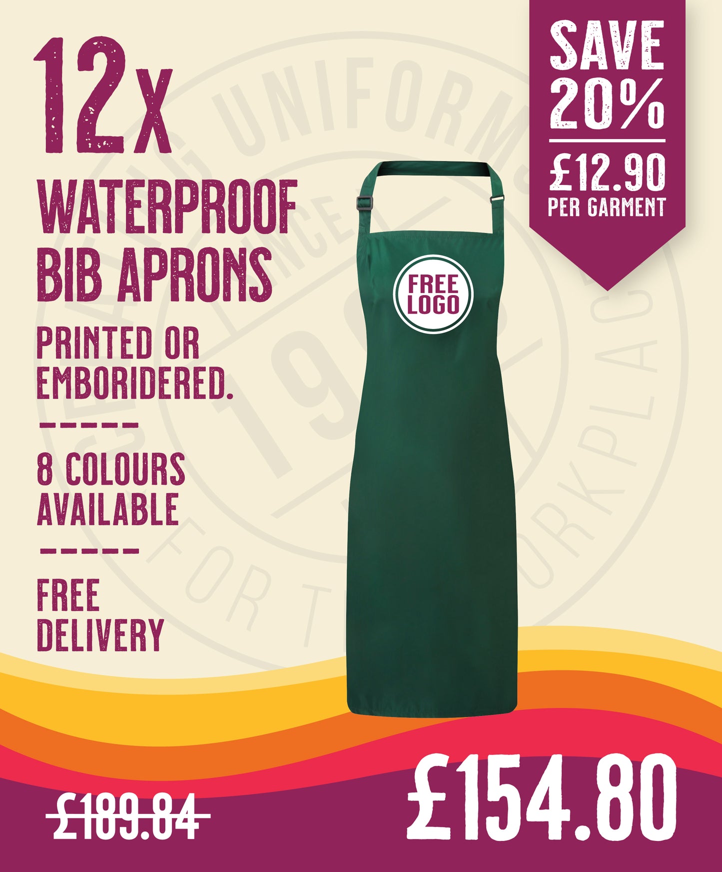 12 x Waterproof Bib Aprons by Premier in Bottle by Print Lab Deals — Custom branded clothing by Print Press, featuring premium embroidery produced in our specialist print lab in the UK.