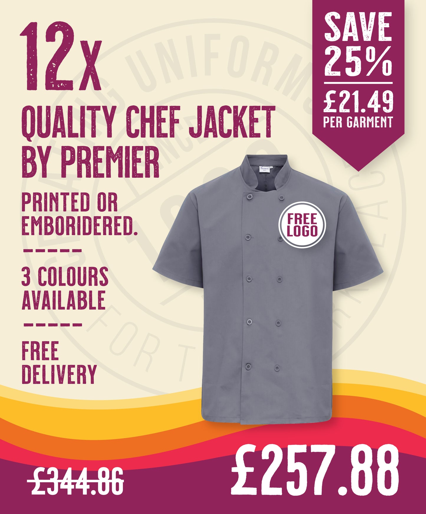 12 x Quality Short Sleeved Chef Jackets by Premier in Steel by Print Lab Deals — Custom branded clothing by Print Press, featuring premium embroidery produced in our specialist print lab in the UK.