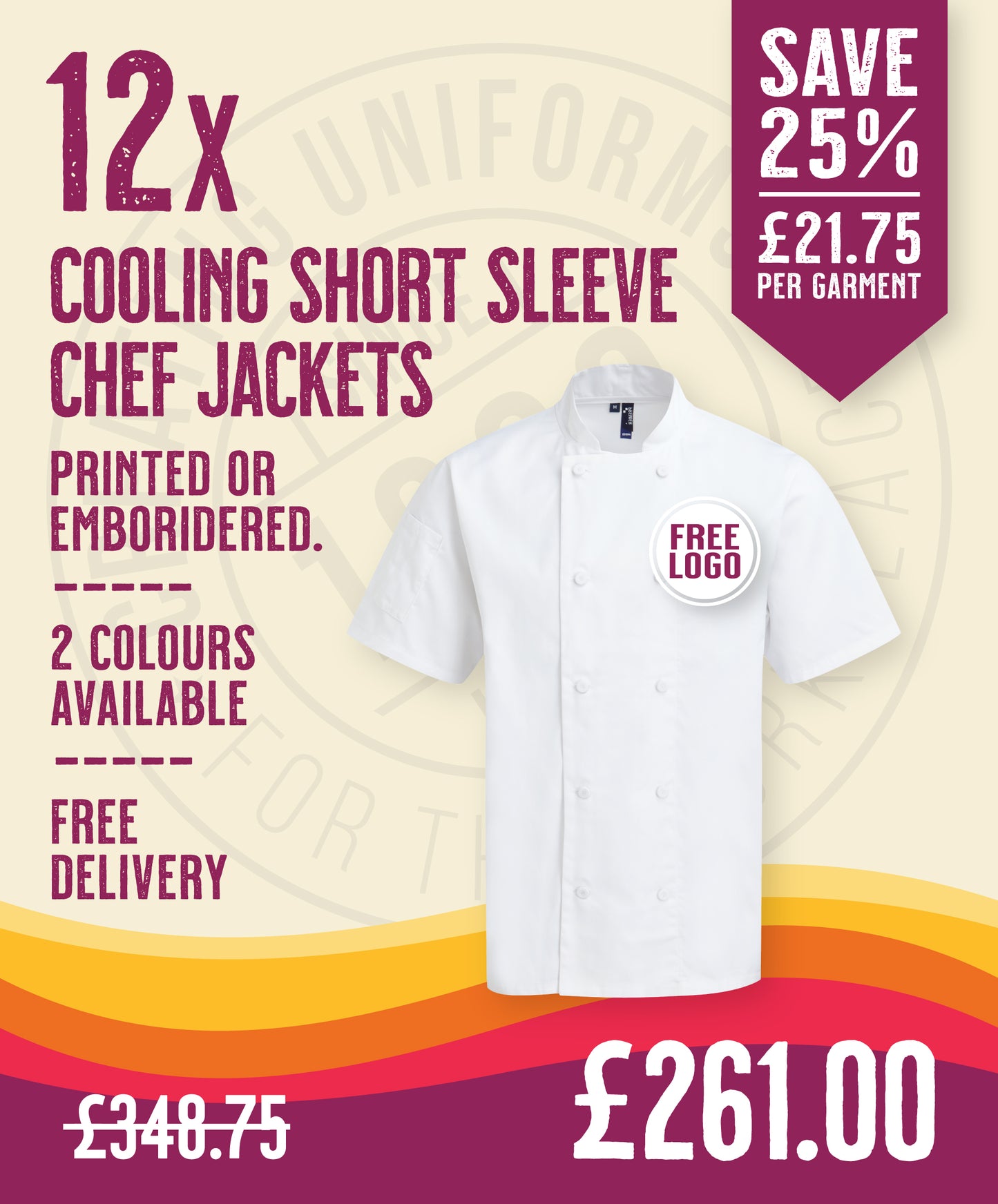 12 x Cooling Short Sleeve Chef Jackets by Premier in White by Print Lab Deals — Custom branded clothing by Print Press, featuring premium embroidery produced in our specialist print lab in the UK.
