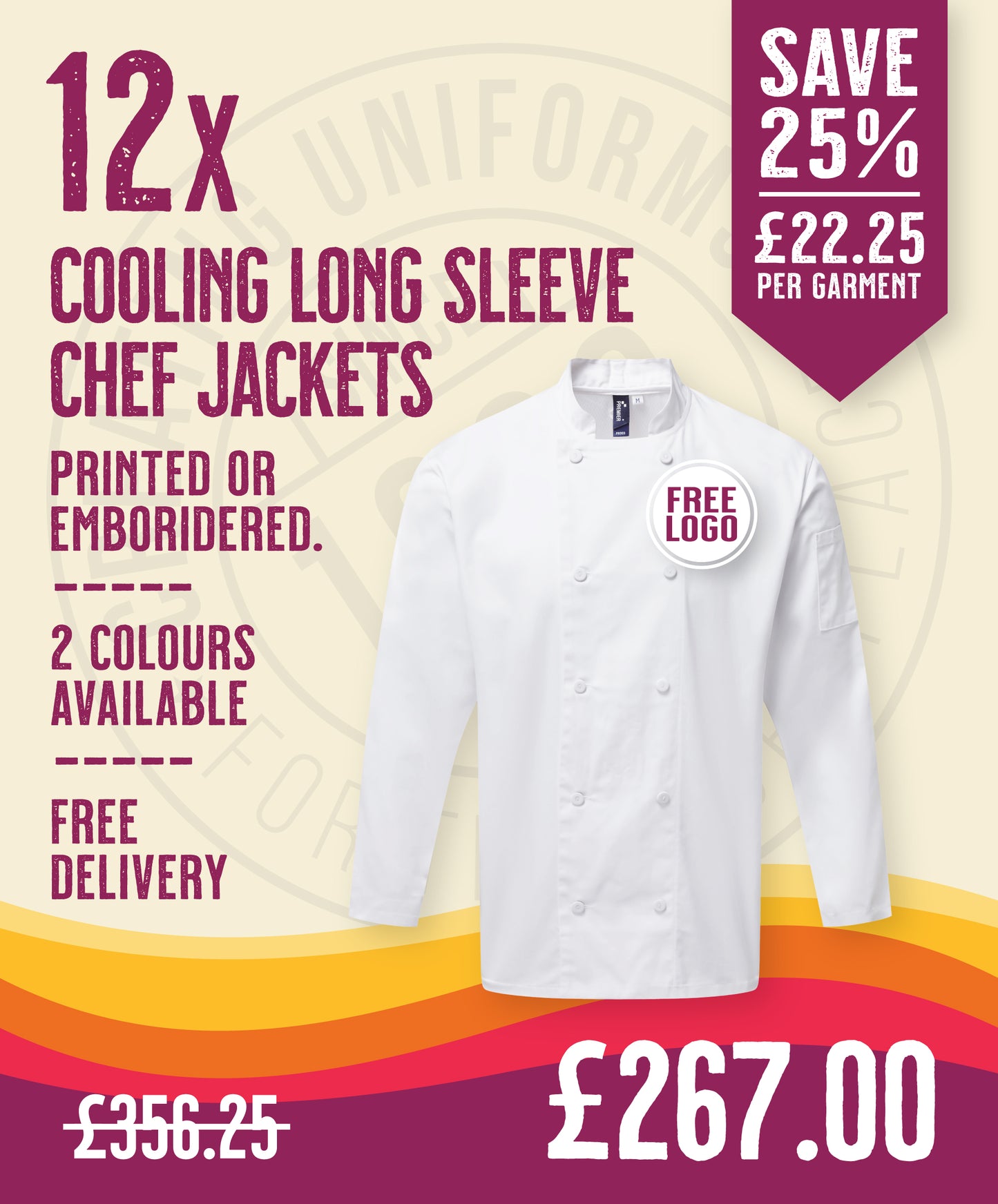 12 x Cooling Long Sleeve Chef Jackets by Premier in White by Print Lab Deals — Custom branded clothing by Print Press, featuring premium embroidery produced in our specialist print lab in the UK.