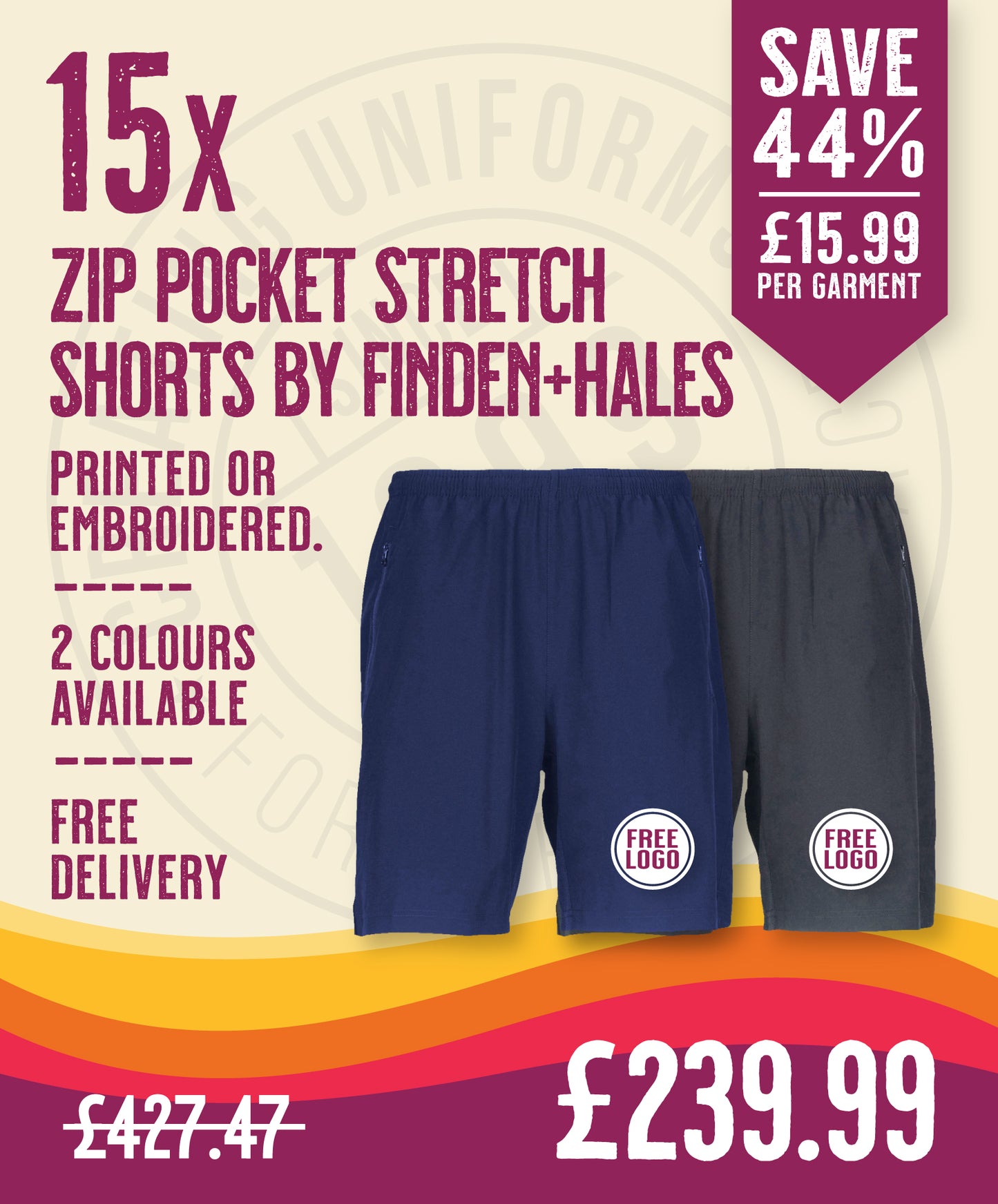 15 x Zip Pocket Stretch Shorts by Finden + Hales in Navy by Print Lab Deals — Custom branded clothing by Print Press, featuring premium embroidery produced in our specialist print lab in the UK.