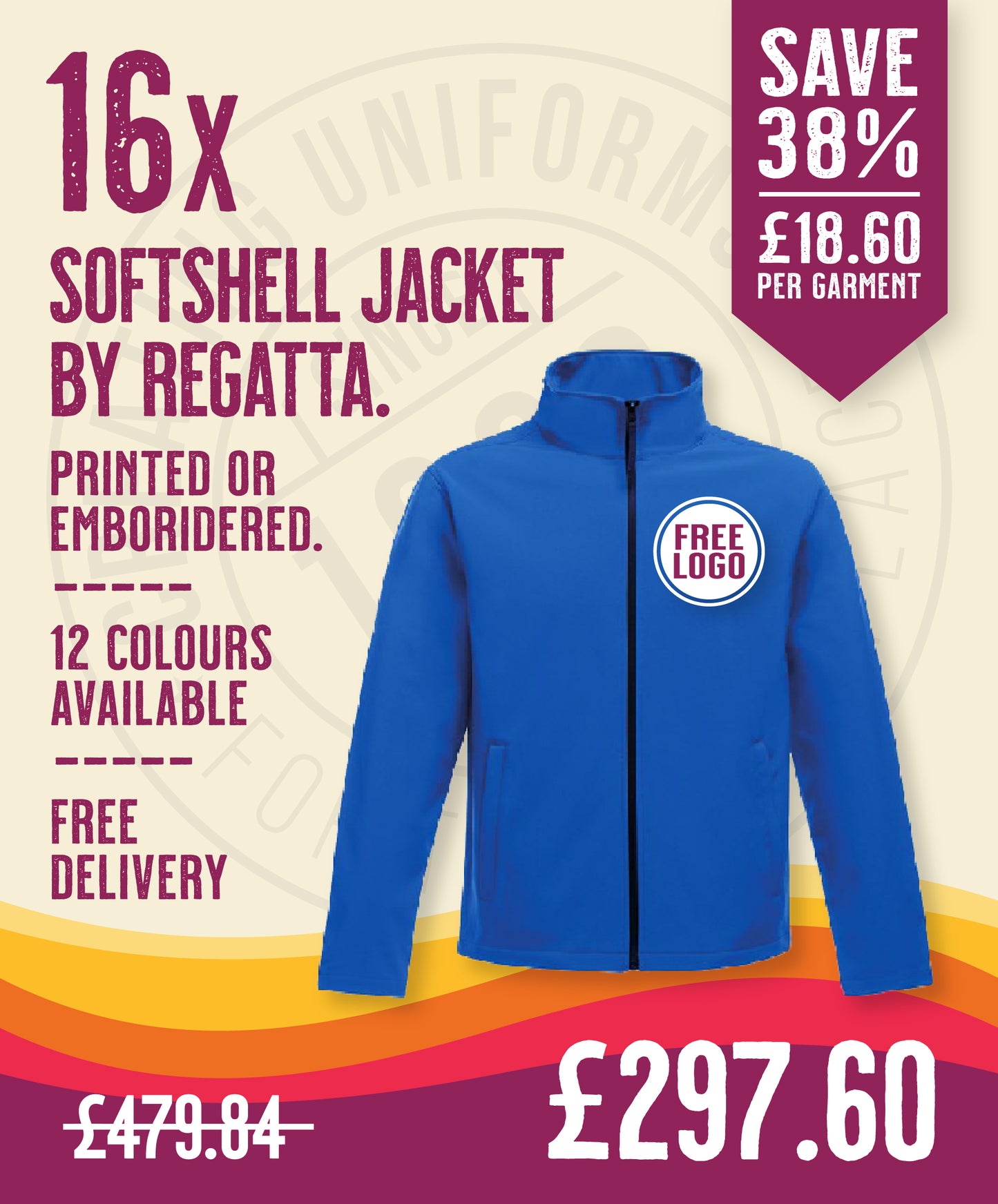 16 x Softshell Jackets by Regatta in New Royal Blue Black by Print Lab Deals — Custom branded clothing by Print Press, featuring premium embroidery produced in our specialist print lab in the UK.