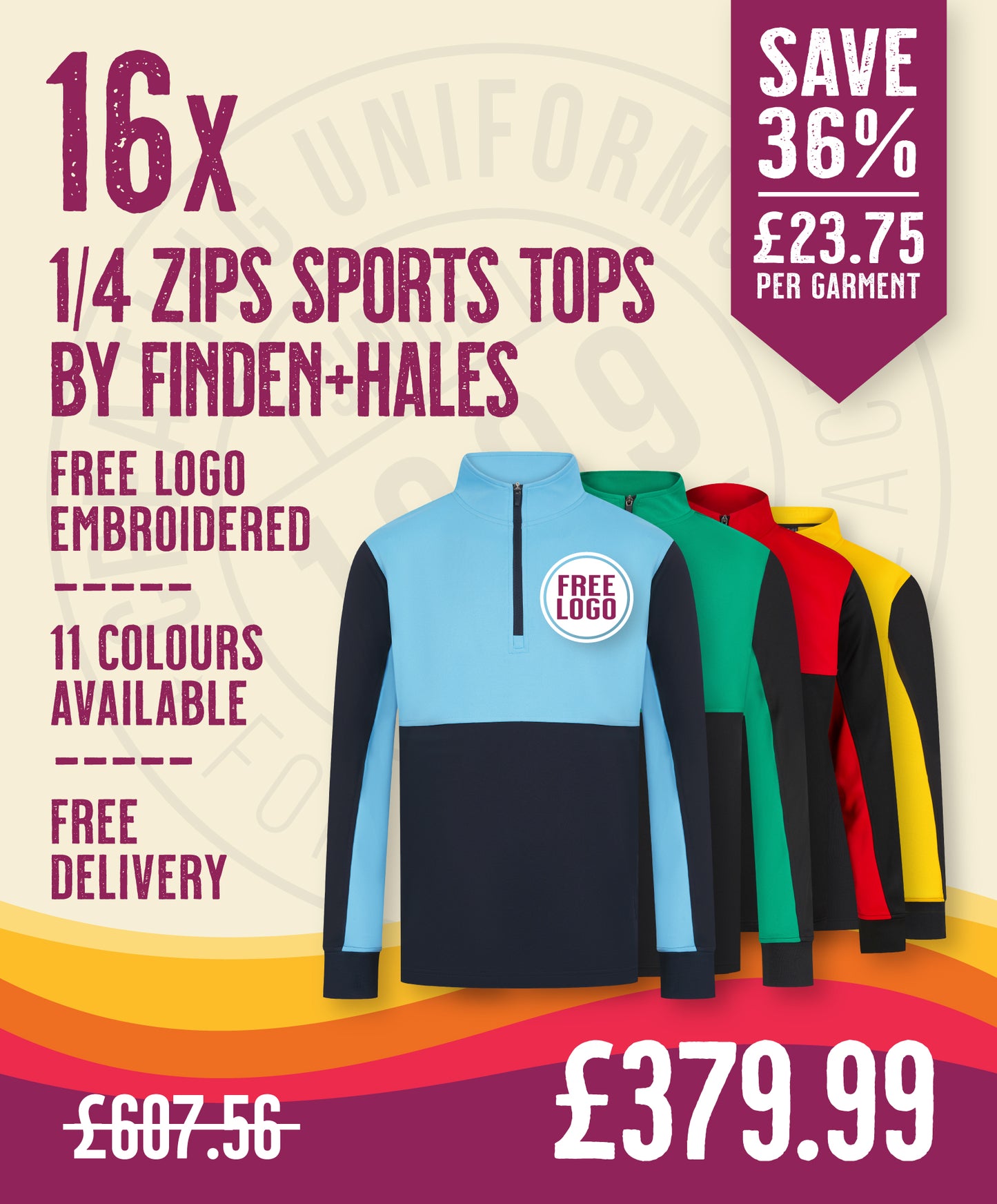 16 x 1/4 Zip Sports Tops by Finden + Hales in Navy Sky by Print Lab Deals — Custom branded clothing by Print Press, featuring premium embroidery produced in our specialist print lab in the UK.
