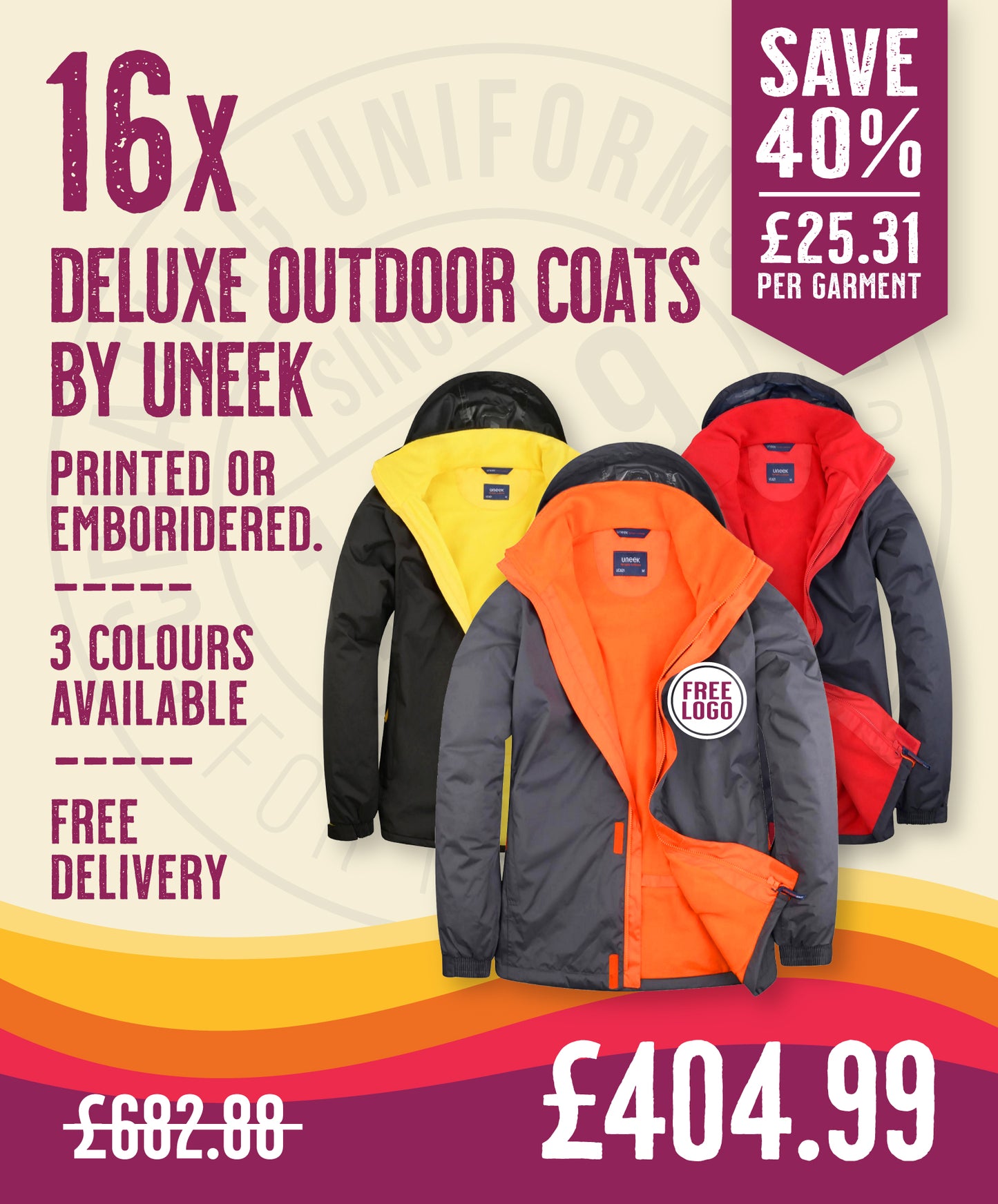 16 x Deluxe Outdoor Coats by Uneek in Deep Grey Fiery Orange by Print Lab Deals — Custom branded clothing by Print Press, featuring premium embroidery produced in our specialist print lab in the UK.
