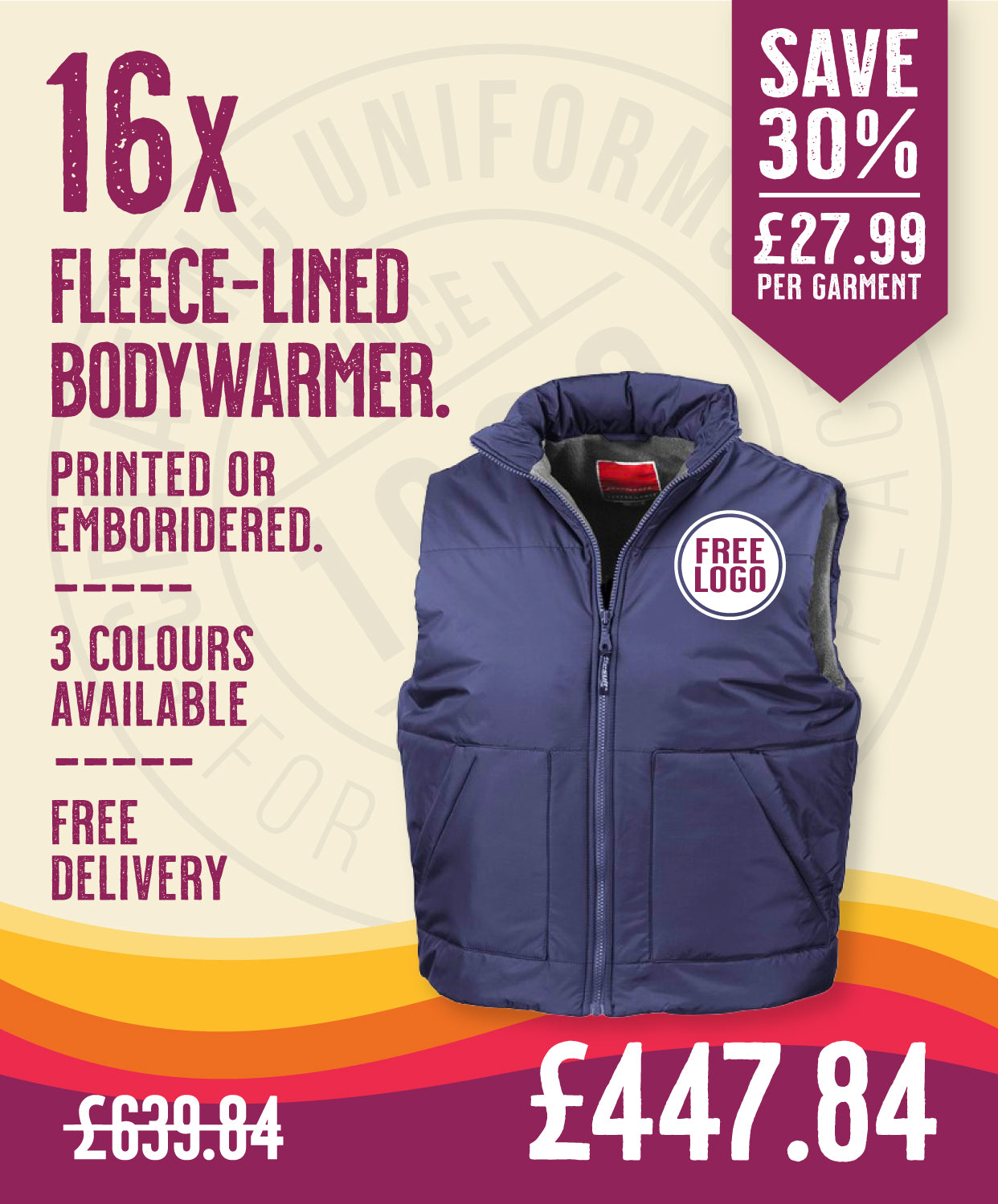 16 x Fleece-Lined Bodywarmer by Result in Navy by Print Lab Deals — Custom branded clothing by Print Press, featuring premium embroidery produced in our specialist print lab in the UK.