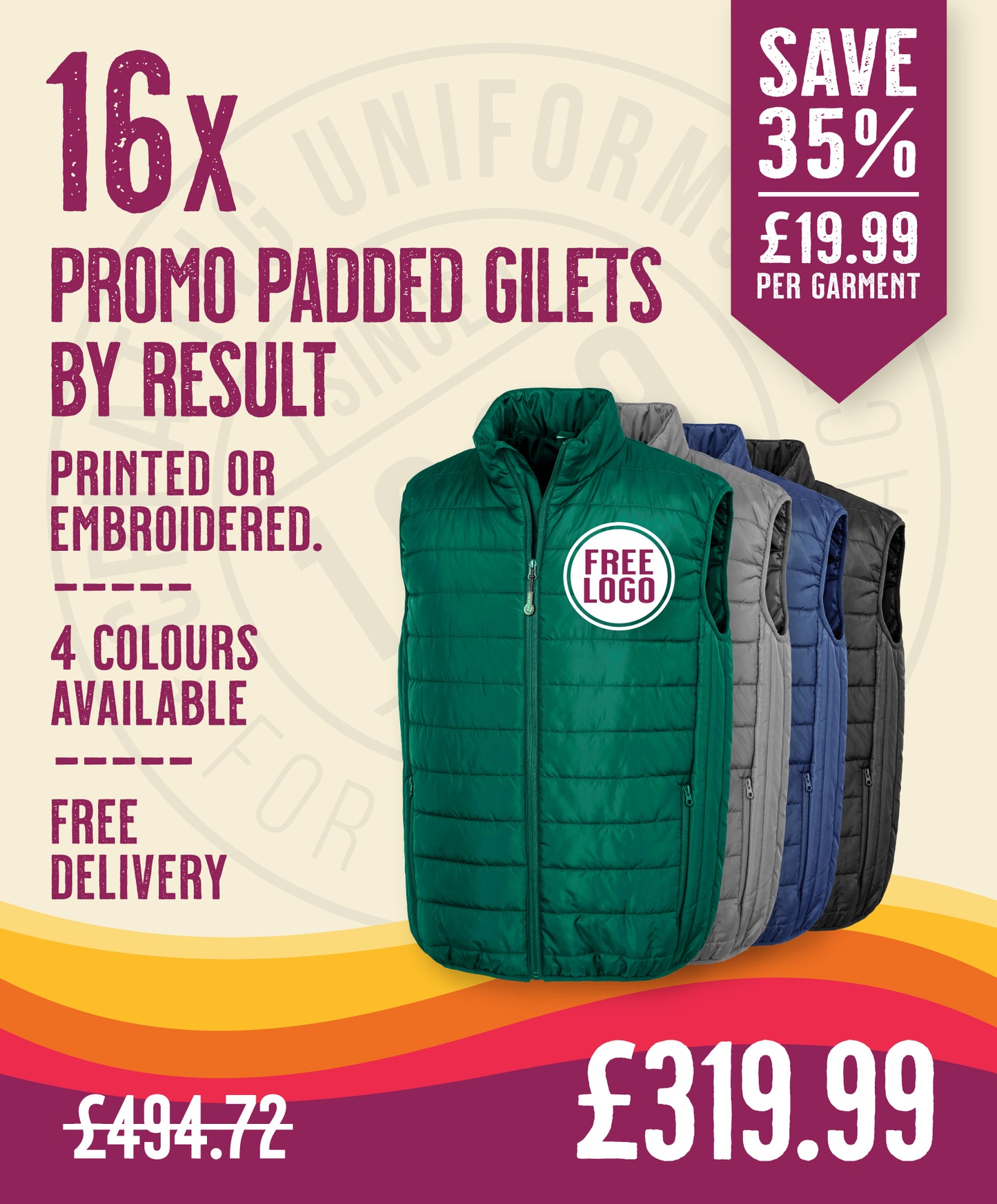 16 x Promo Padded Gilets by Result Core in Bottle Green by Print Lab Deals — Custom branded clothing by Print Press, featuring premium embroidery produced in our specialist print lab in the UK.
