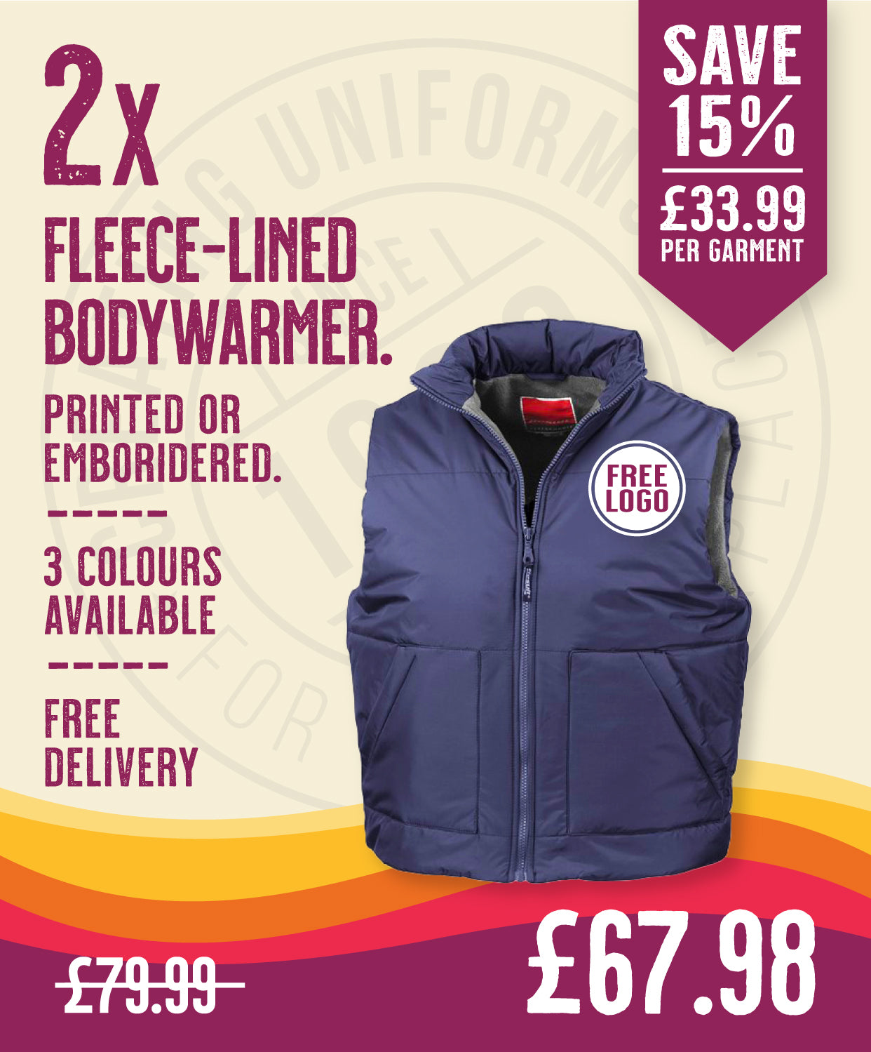 2 x Fleece-Lined Bodywarmer by Result in Navy by Print Lab Deals — Custom branded clothing by Print Press, featuring premium embroidery produced in our specialist print lab in the UK.