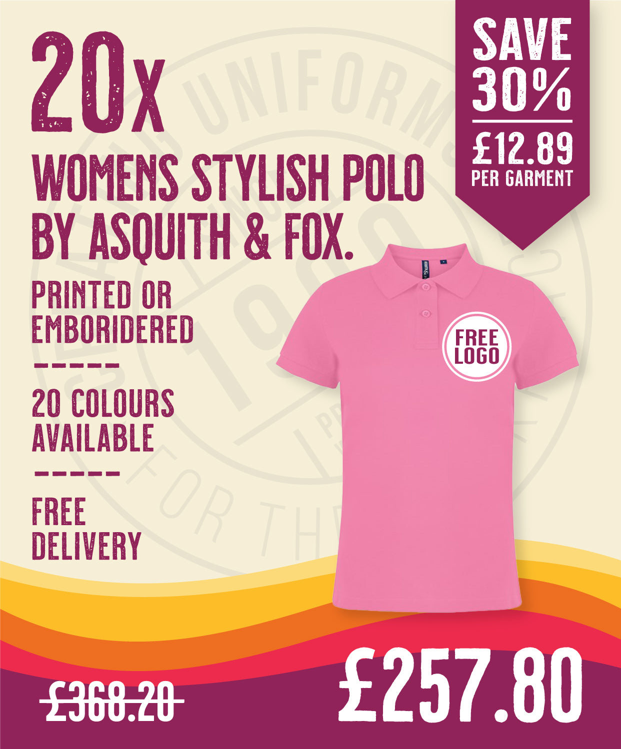 20 x Women's Stylish Polos by Asquith & Fox in Pink Carnation by Print Lab Deals — Custom branded clothing by Print Press, featuring premium embroidery produced in our specialist print lab in the UK.