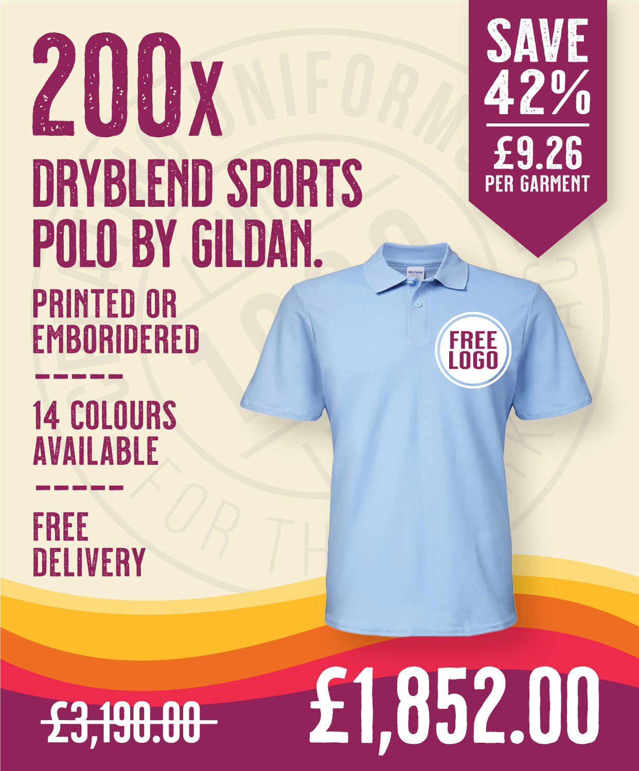 200 x Dryblend Sports Polos by Gildan in Light Blue by Print Lab Deals — Custom branded clothing by Print Press, featuring premium embroidery produced in our specialist print lab in the UK.