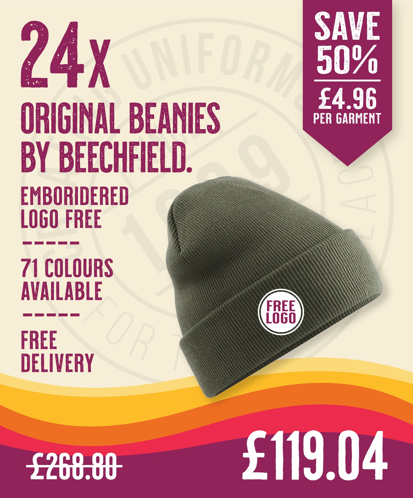 24 x Original Beanies by Beechfield in Olive by Print Lab Deals — Custom branded clothing by Print Press, featuring premium embroidery produced in our specialist print lab in the UK.