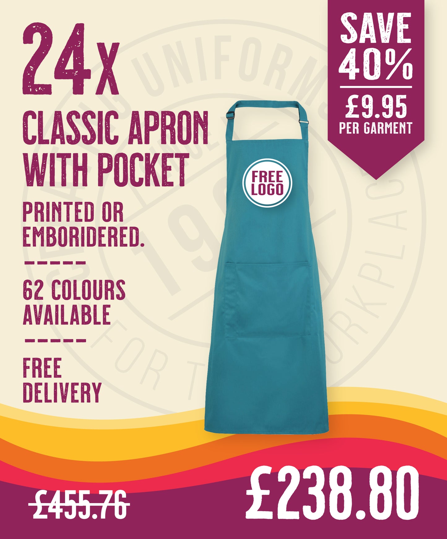 24 x Classic Aprons by Premier in Teal by Print Lab Deals — Custom branded clothing by Print Press, featuring premium embroidery produced in our specialist print lab in the UK.