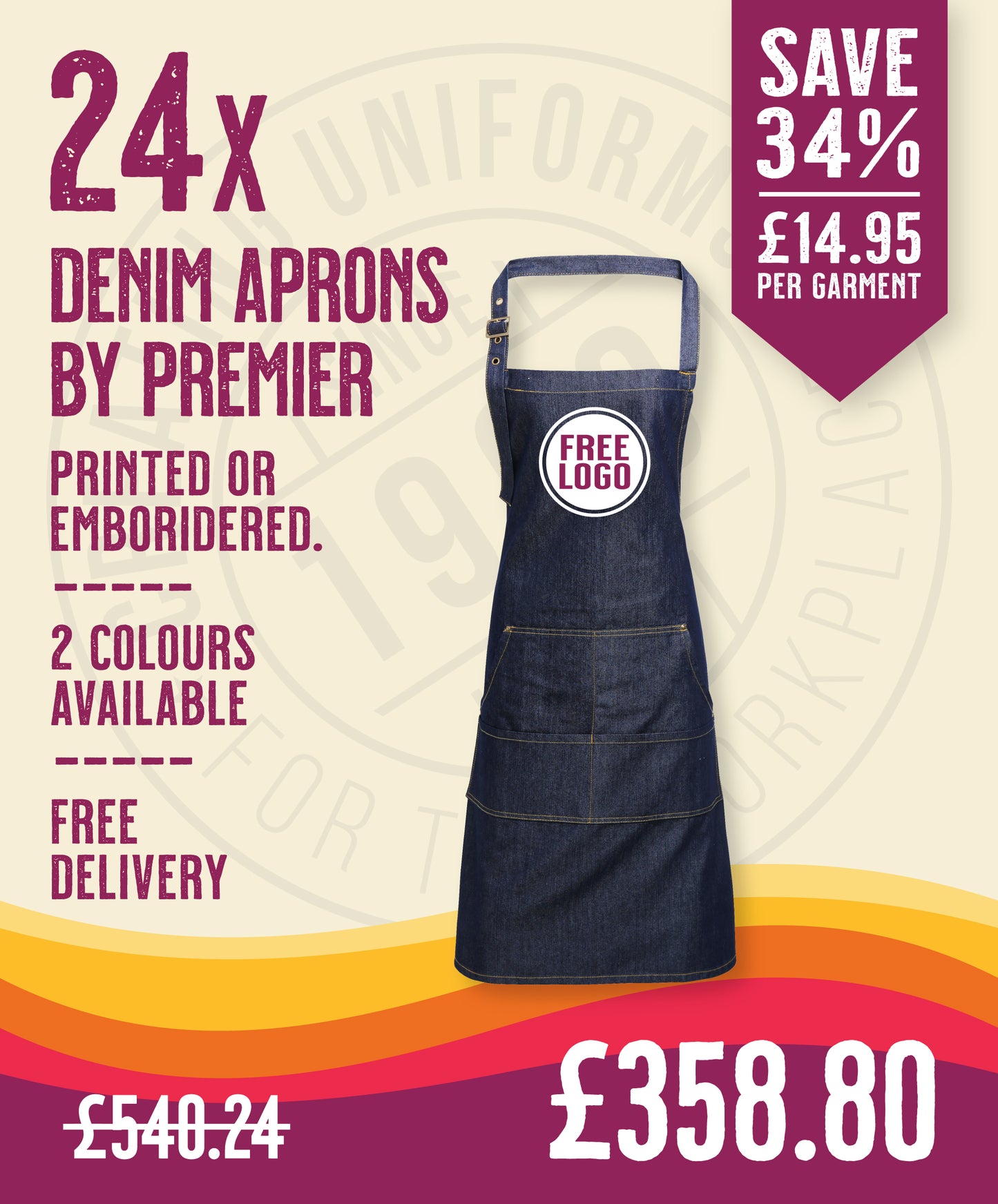 24 x Denim Stitched Aprons by Premier in Indigo Denim by Print Lab Deals — Custom branded clothing by Print Press, featuring premium embroidery produced in our specialist print lab in the UK.