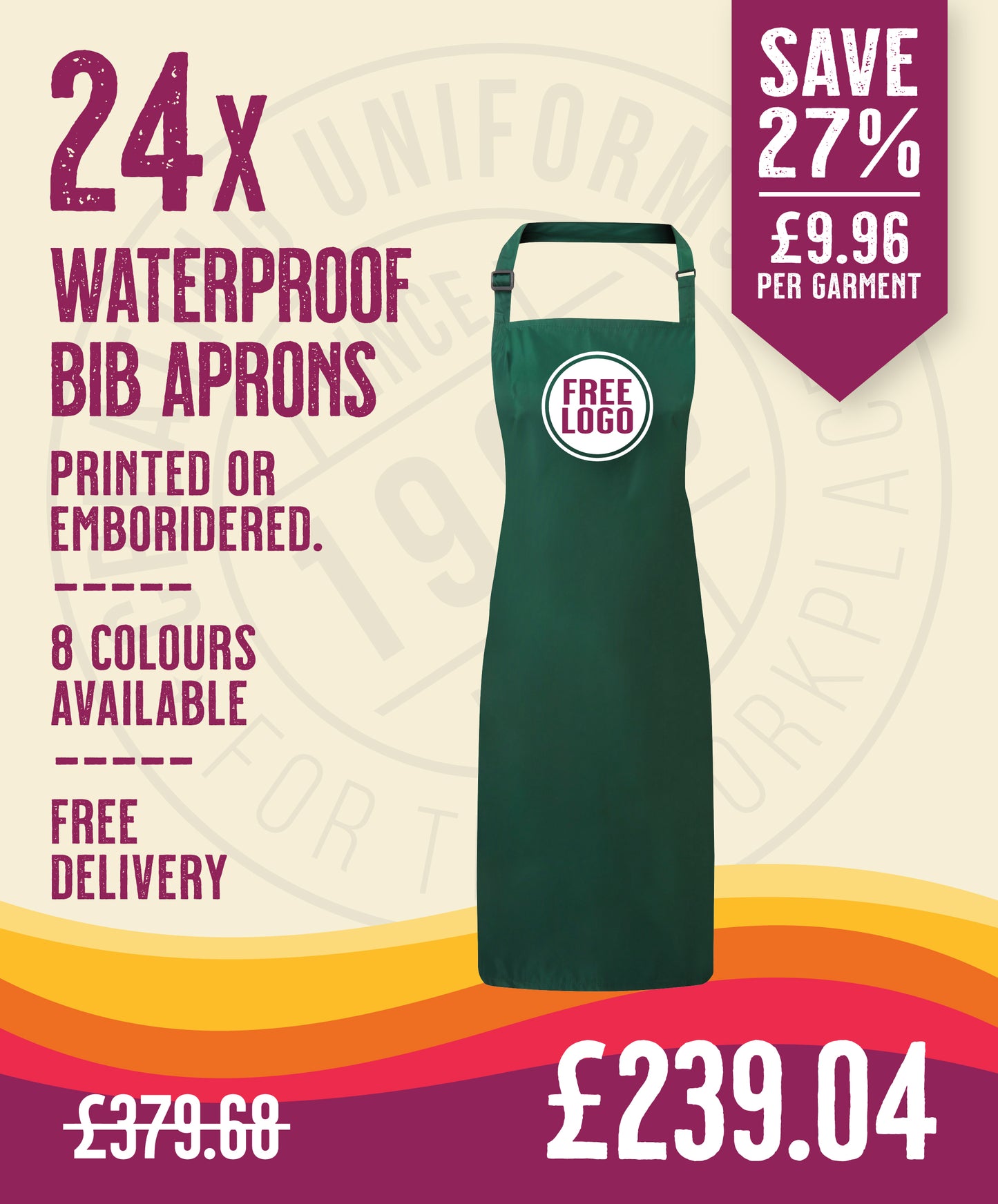24 x Waterproof Bib Aprons by Premier in Bottle by Print Lab Deals — Custom branded clothing by Print Press, featuring premium embroidery produced in our specialist print lab in the UK.