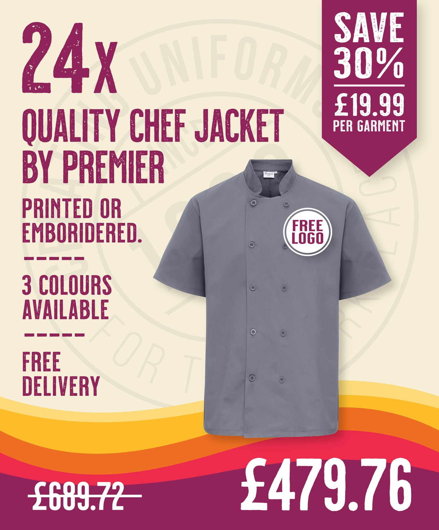 24 x Quality Short Sleeved Chef Jackets by Premier in Steel by Print Lab Deals — Custom branded clothing by Print Press, featuring premium embroidery produced in our specialist print lab in the UK.