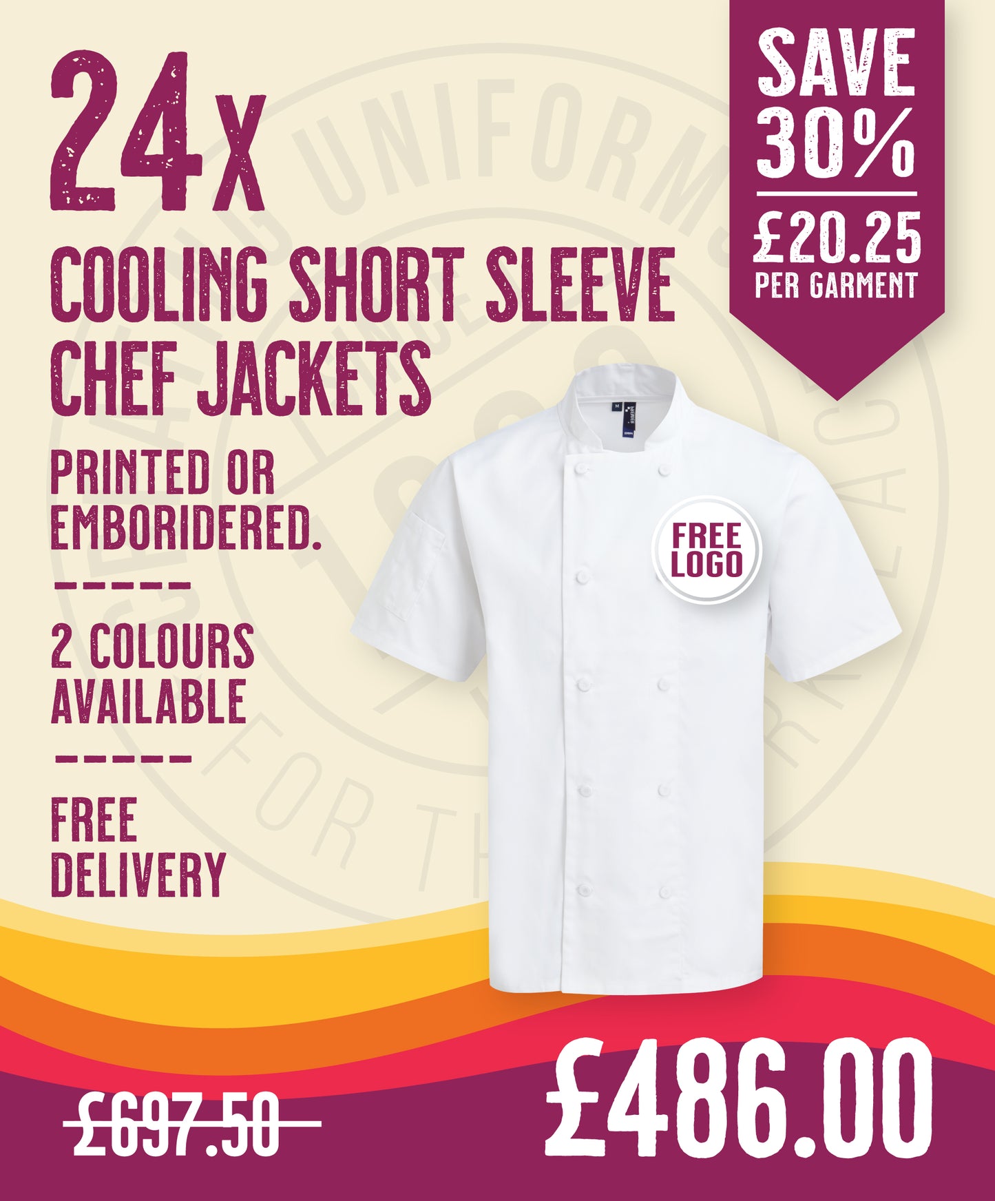 24 x Cooling Short Sleeve Chef Jackets by Premier in White by Print Lab Deals — Custom branded clothing by Print Press, featuring premium embroidery produced in our specialist print lab in the UK.