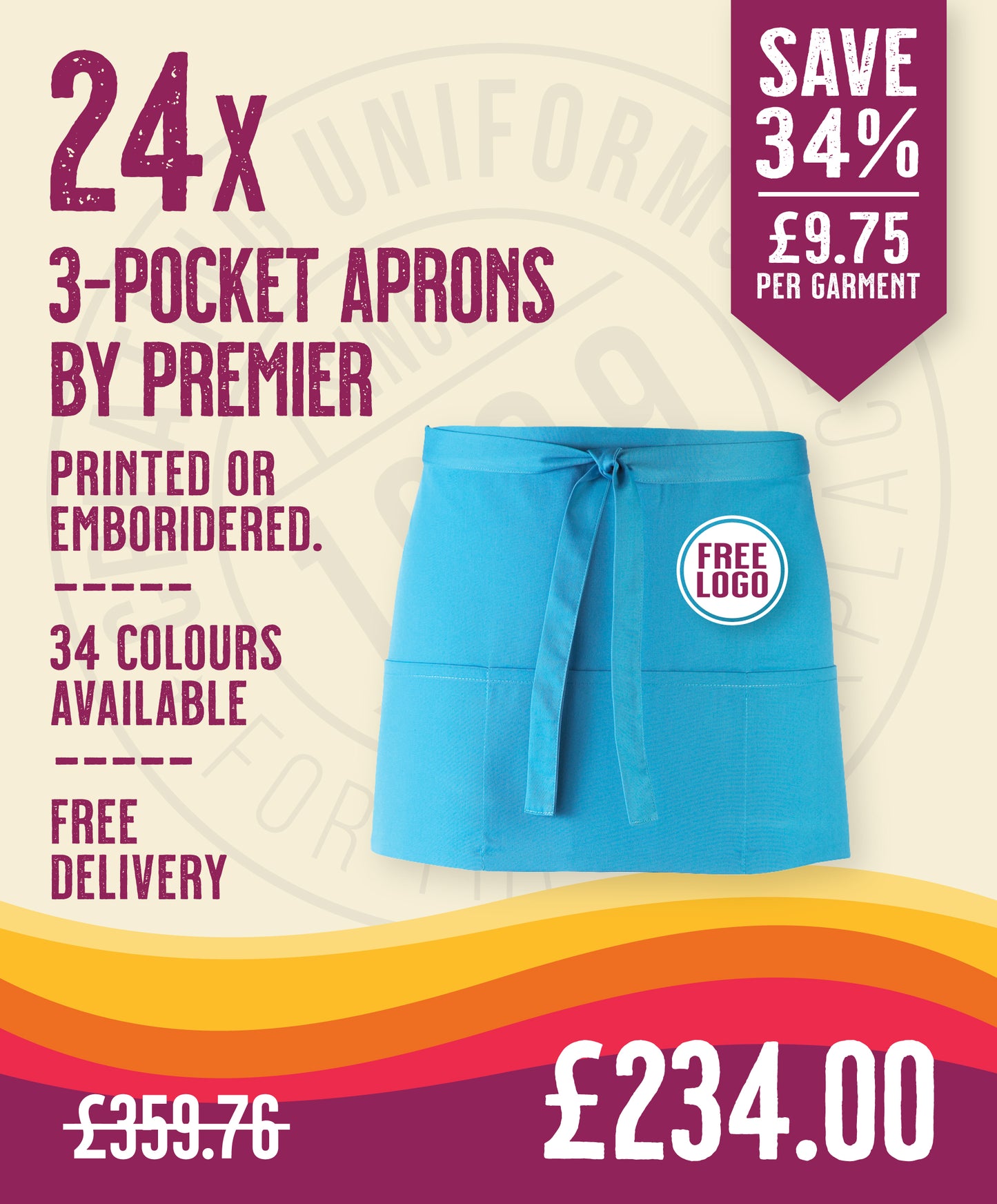 24 x 3-Pocket Apron by Premier in Turquoise by Print Lab Deals — Custom branded clothing by Print Press, featuring premium embroidery produced in our specialist print lab in the UK.