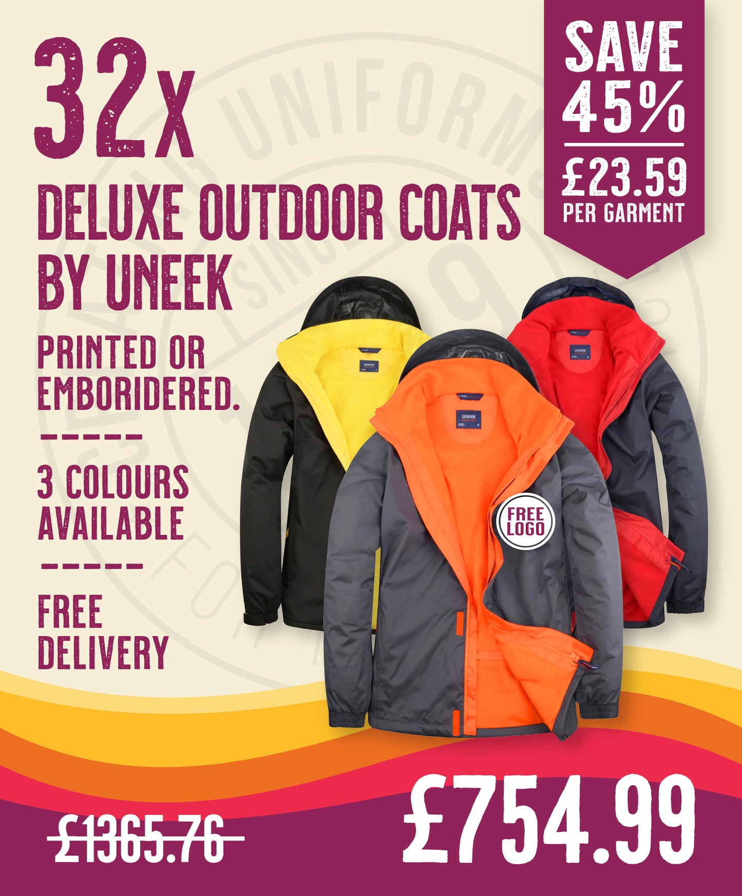 32 x Deluxe Outdoor Coats by Uneek in Deep Grey Fiery Orange by Print Lab Deals — Custom branded clothing by Print Press, featuring premium embroidery produced in our specialist print lab in the UK.