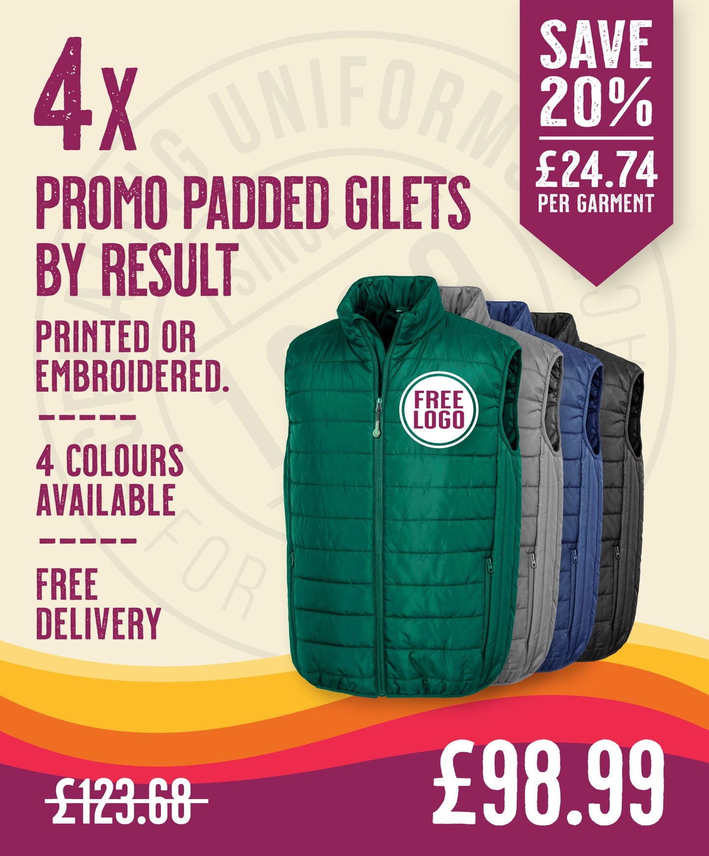 4 x Promo Padded Gilets by Result Core in Bottle Green by Print Lab Deals — Custom branded clothing by Print Press, featuring premium embroidery produced in our specialist print lab in the UK.