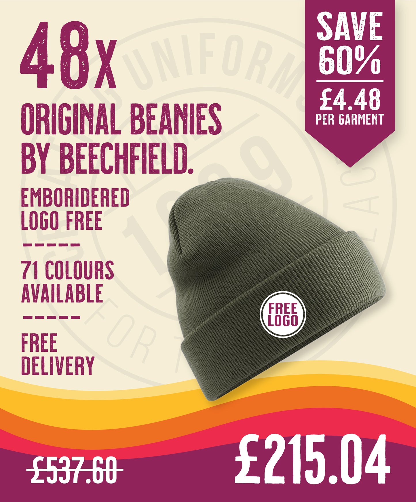 48 x Original Beanies by Beechfield in by Print Lab Deals — Custom branded clothing by Print Press, featuring premium embroidery produced in our specialist print lab in the UK.