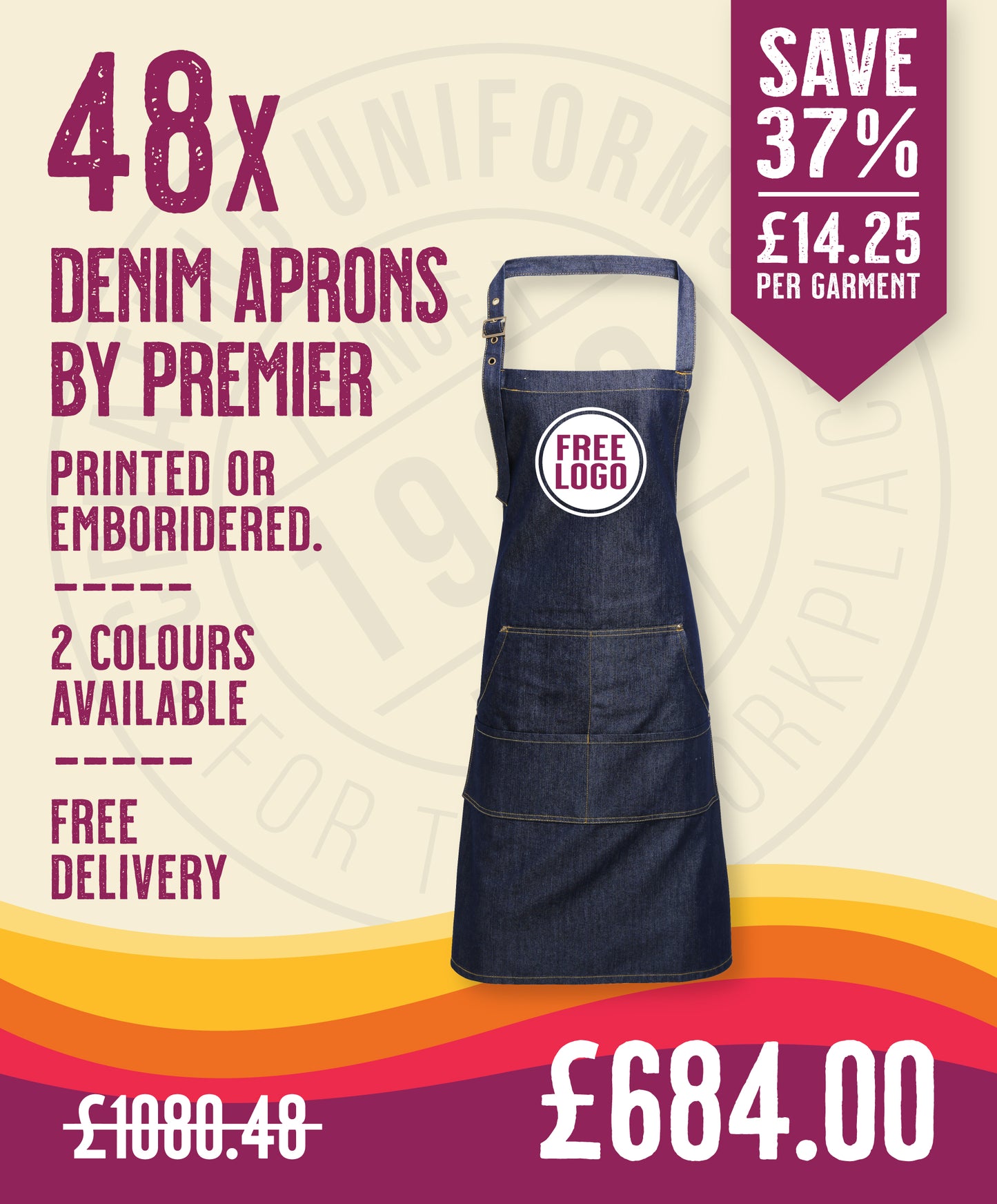 48 x Denim Stitched Aprons by Premier in Indigo Denim by Print Lab Deals — Custom branded clothing by Print Press, featuring premium embroidery produced in our specialist print lab in the UK.