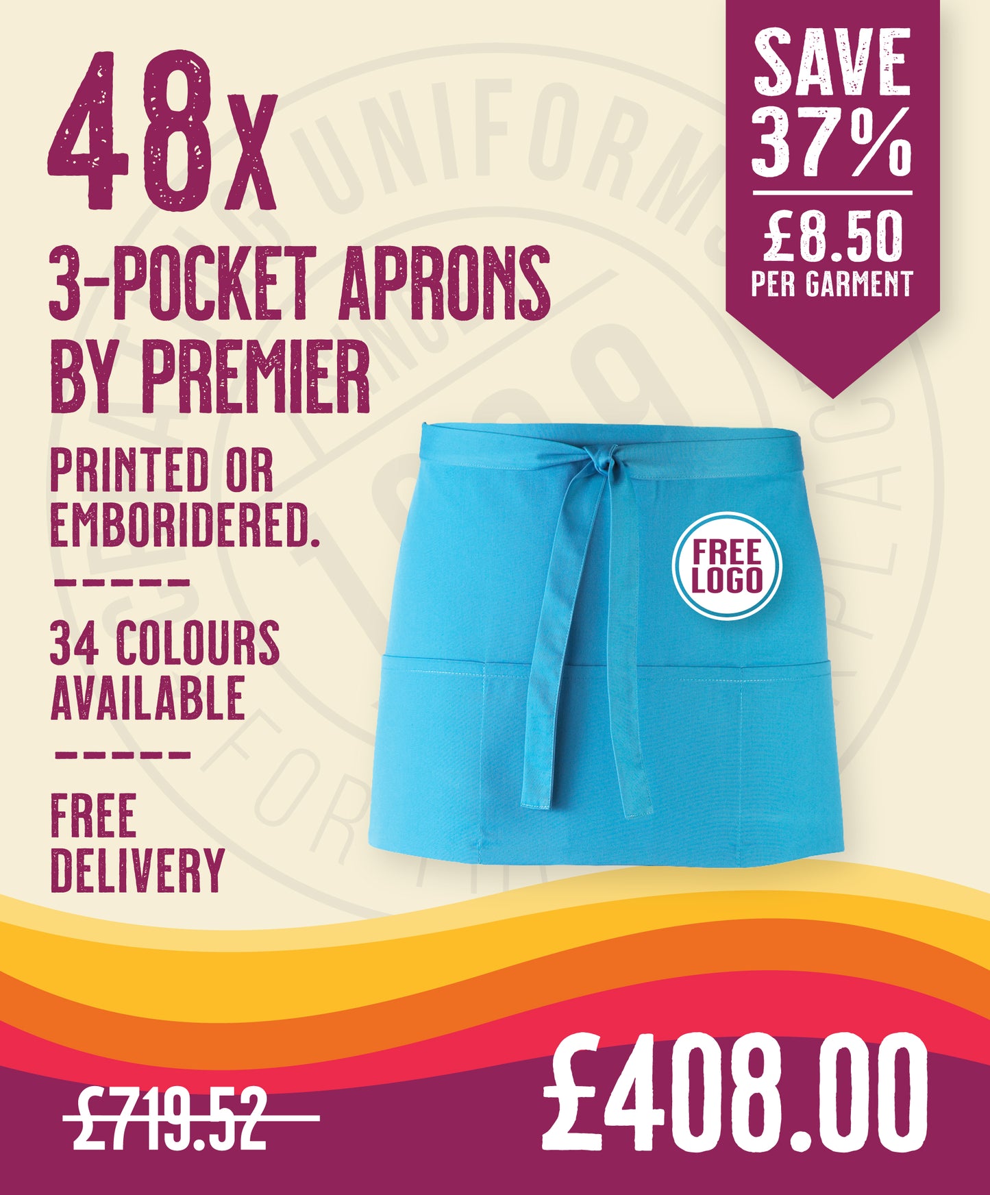 48 x 3-Pocket Apron by Premier in Turquoise by Print Lab Deals — Custom branded clothing by Print Press, featuring premium embroidery produced in our specialist print lab in the UK.