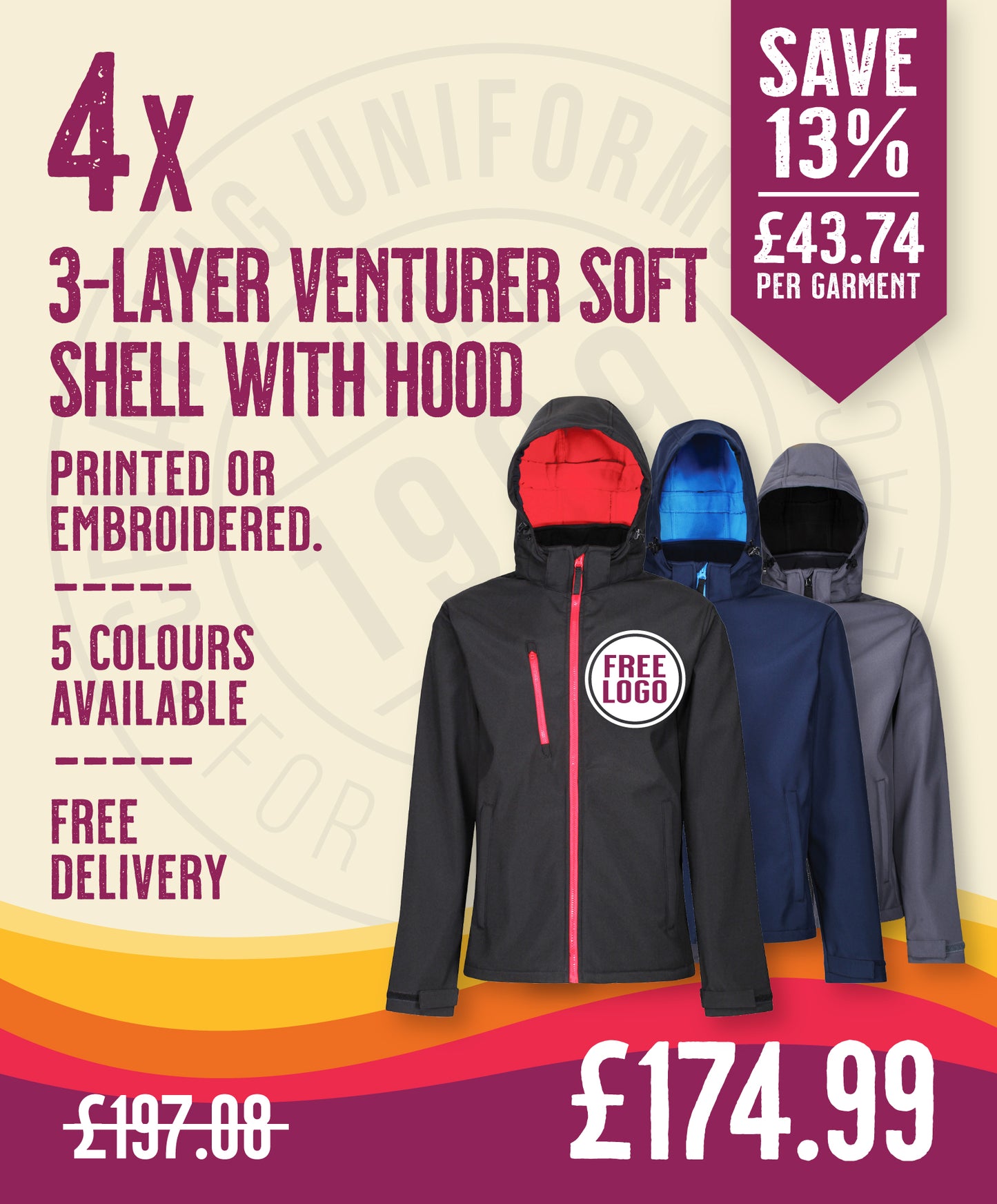 4 x Venturer 3-Layer Hooded Softshells by Regatta in Black Red by Print Lab Deals — Custom branded clothing by Print Press, featuring premium embroidery produced in our specialist print lab in the UK.