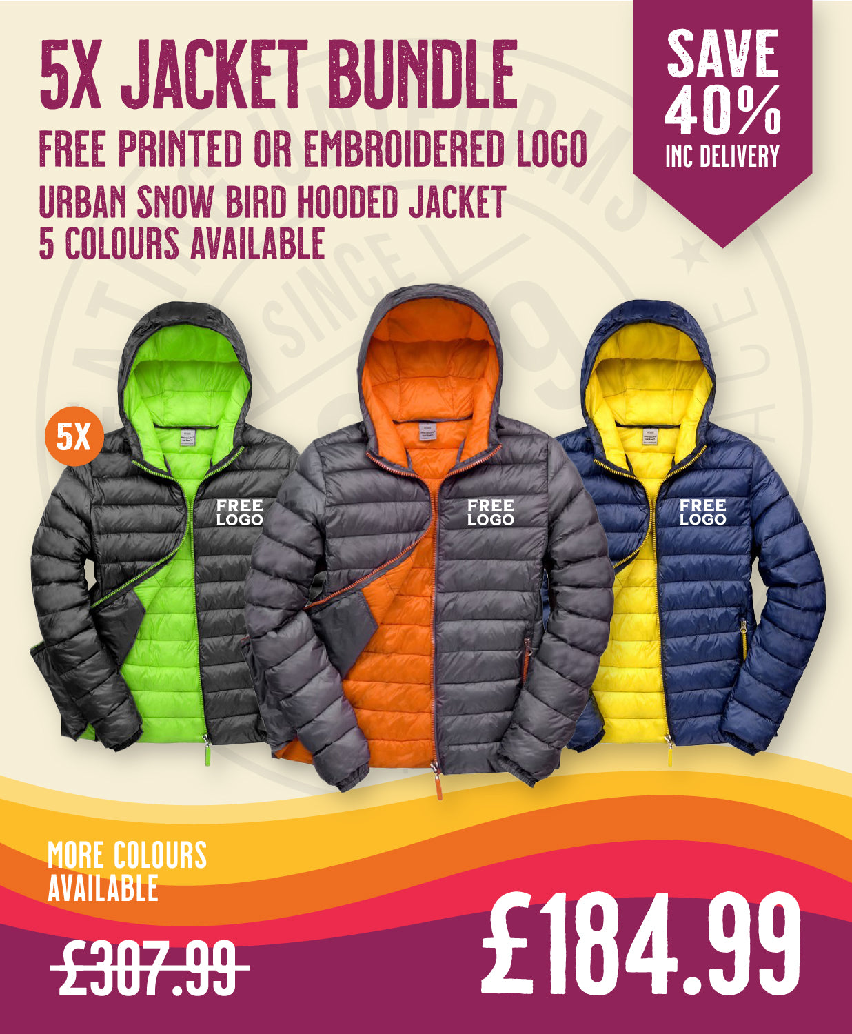 5 x Urban Snow Bird Hooded Jacket in Grey Orange by Print Lab Deals — Custom branded clothing by Print Press, featuring premium embroidery produced in our specialist print lab in the UK.
