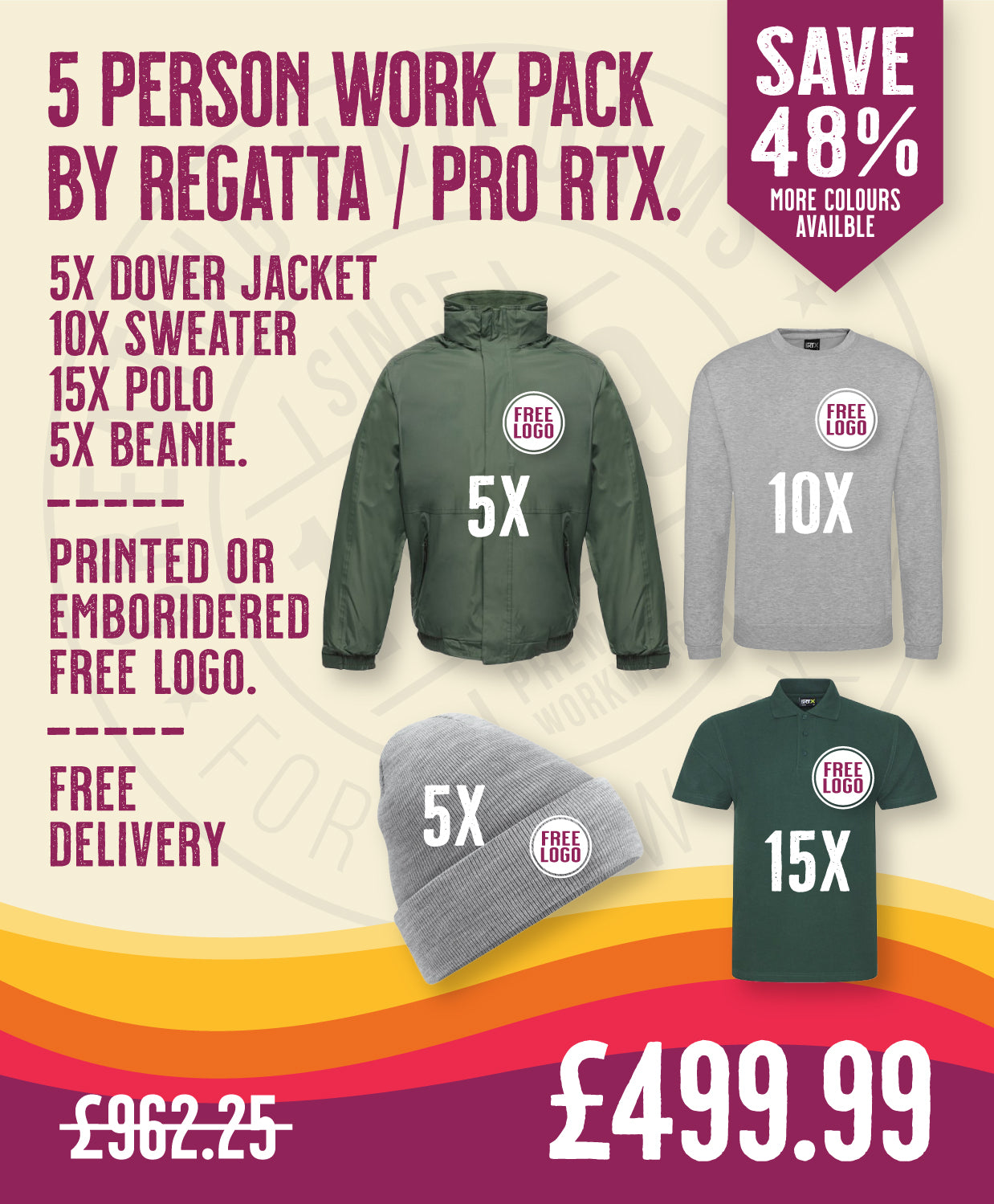 5 Person Work Pack by Regatta / Pro RTX in by Print Lab Deals — Custom branded clothing by Print Press, featuring premium embroidery produced in our specialist print lab in the UK.