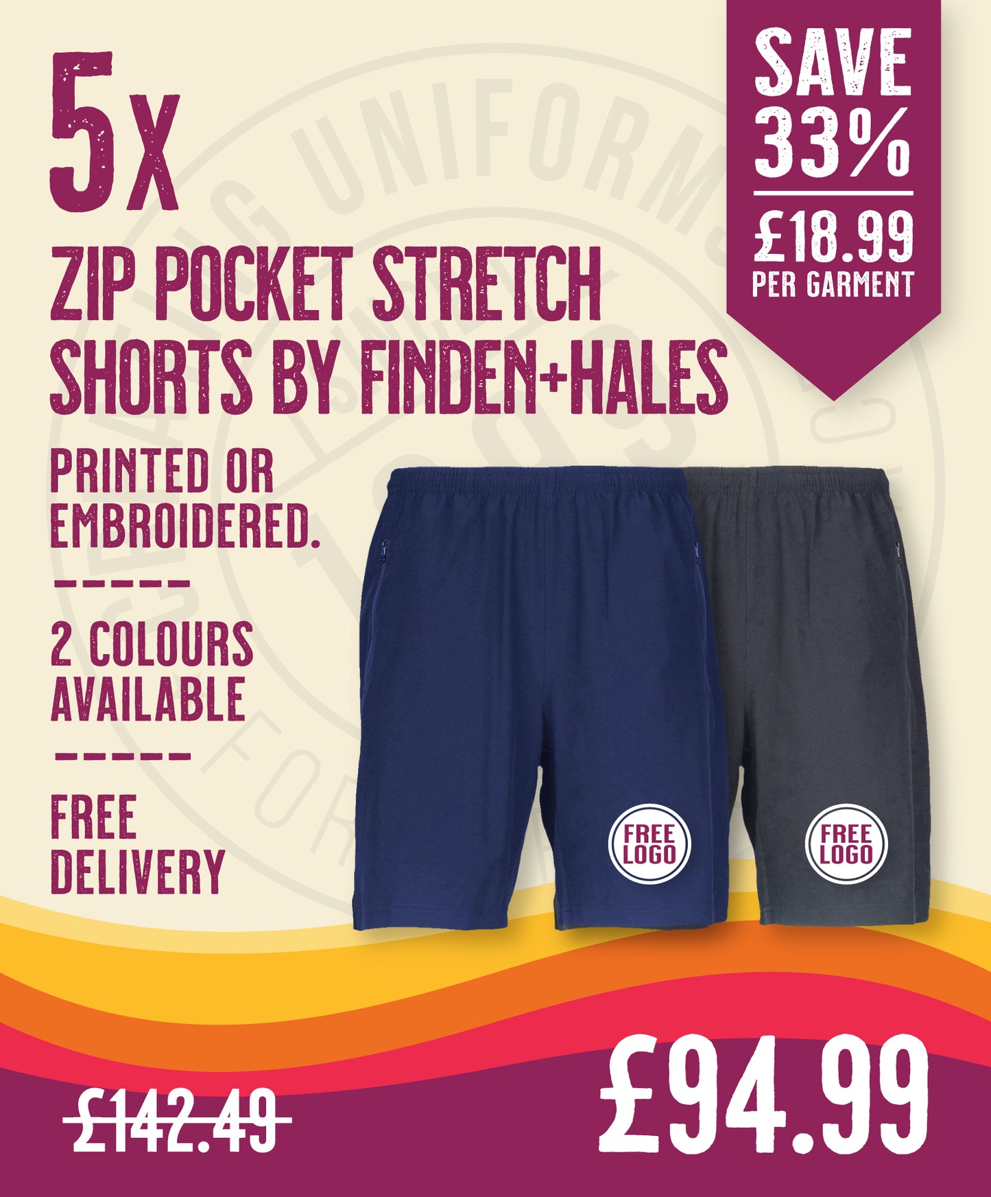 5 x Zip Pocket Stretch Shorts by Finden + Hales in Navy by Print Lab Deals — Custom branded clothing by Print Press, featuring premium embroidery produced in our specialist print lab in the UK.