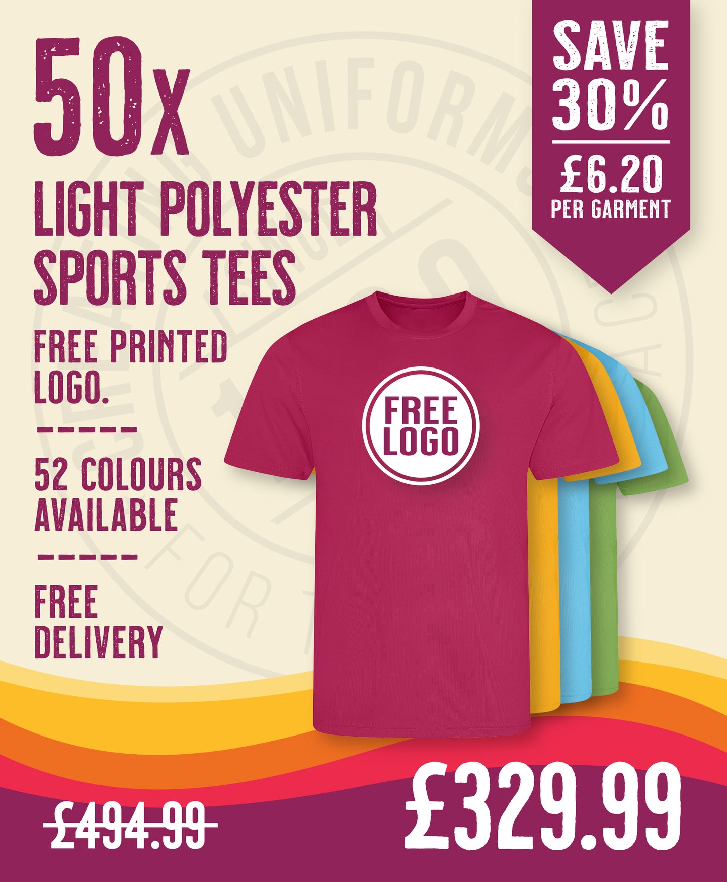 50 x Lightweight Polyester Sport T-Shirts by Just Cool