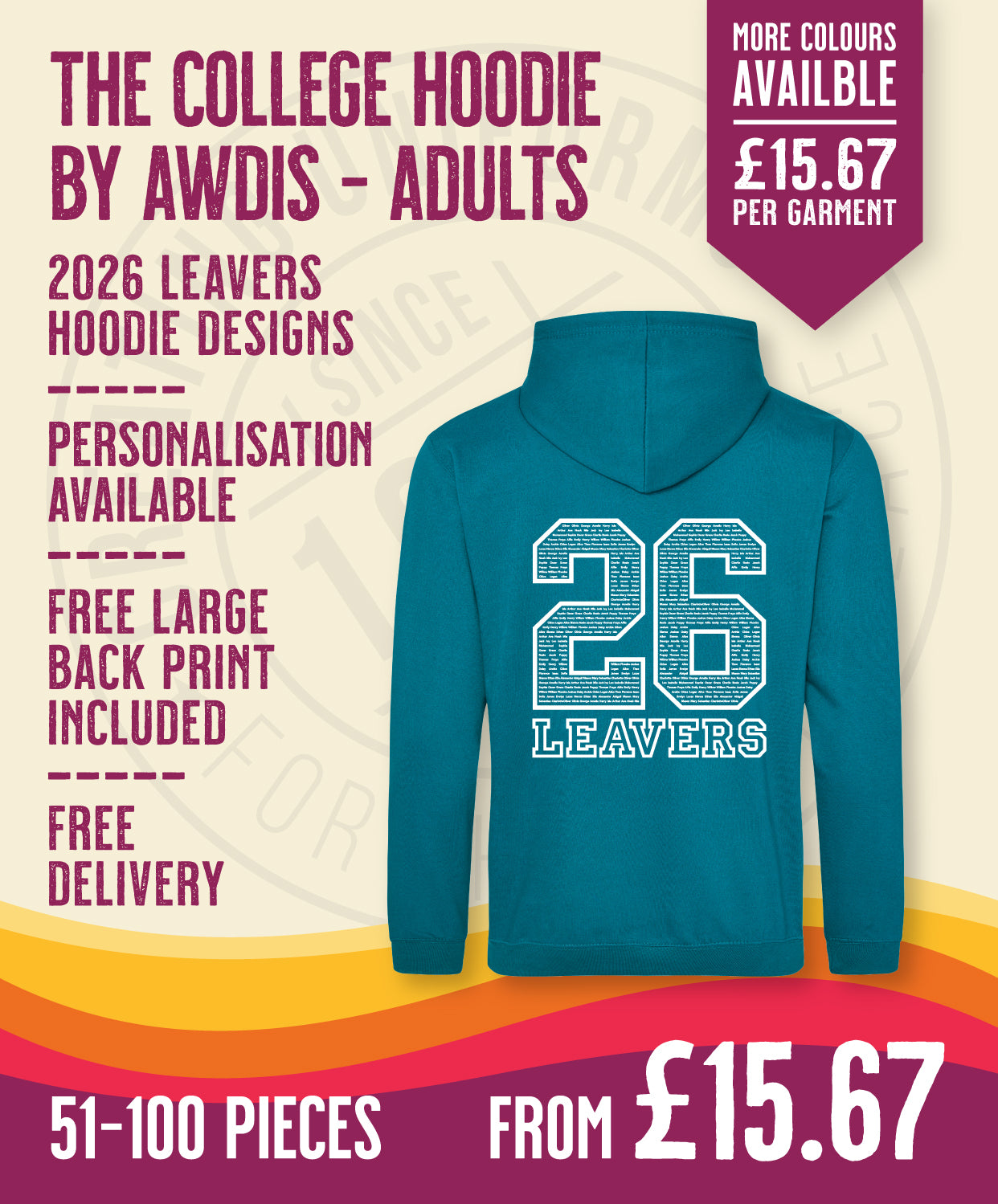 College Hoodie - Adult Size - 51-100 Pieces in by printlab.clothing — Custom branded clothing by Print Press, featuring premium embroidery produced in our specialist print lab in the UK.