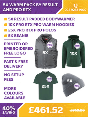 Promotional graphic for a 10-pack warm pack bundle by result and Pro RTX, showing sample apparel items: a gray zip vest, a dark green hoodie, a dark green T-shirt, and a gray beanie, with text detailing quantities, free logo printing, and pricing.