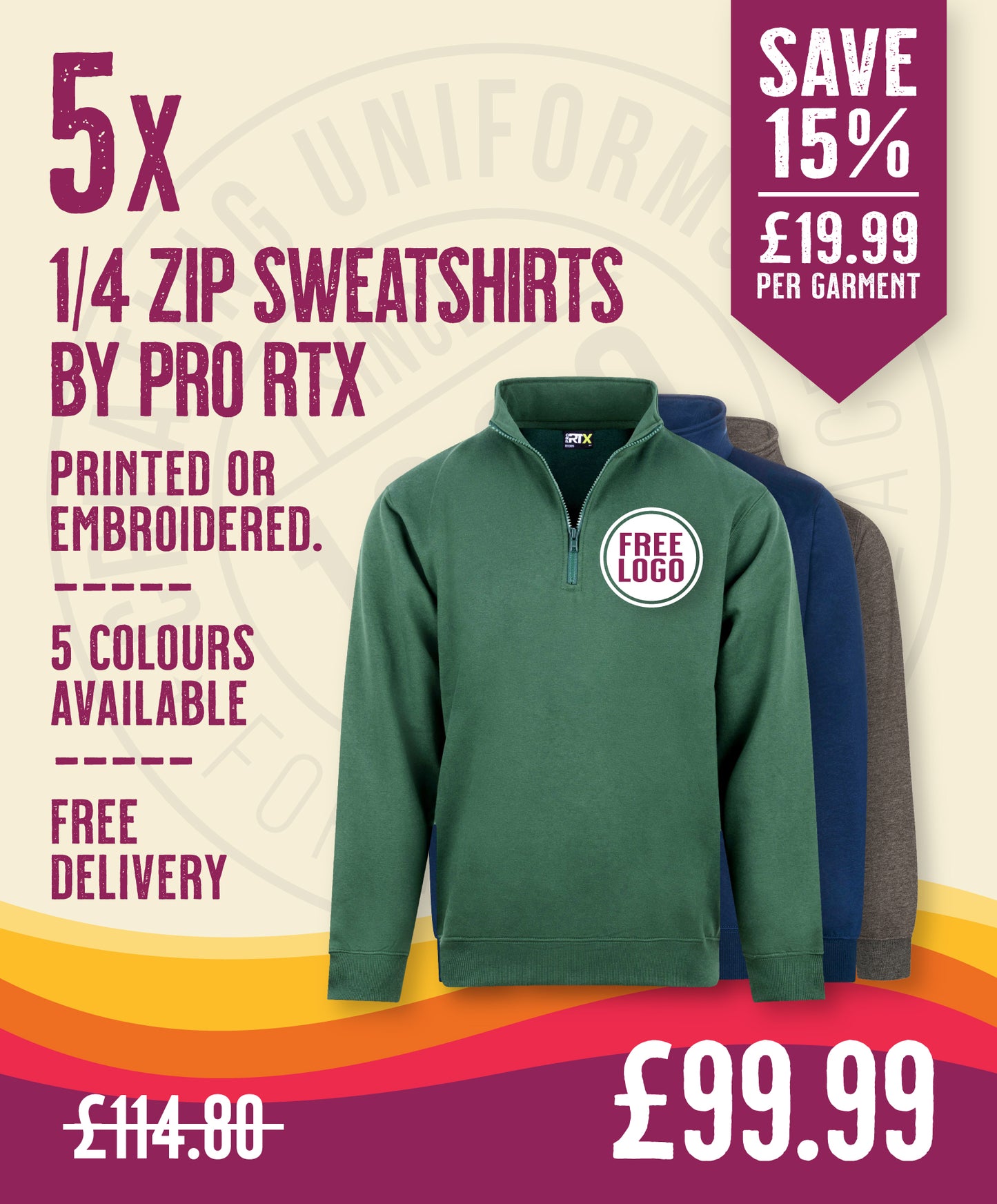5 x 1/4 Zip Sweatshirts by Pro RTX in Bottle Green by Print Lab Deals — Custom branded clothing by Print Press, featuring premium embroidery produced in our specialist print lab in the UK.